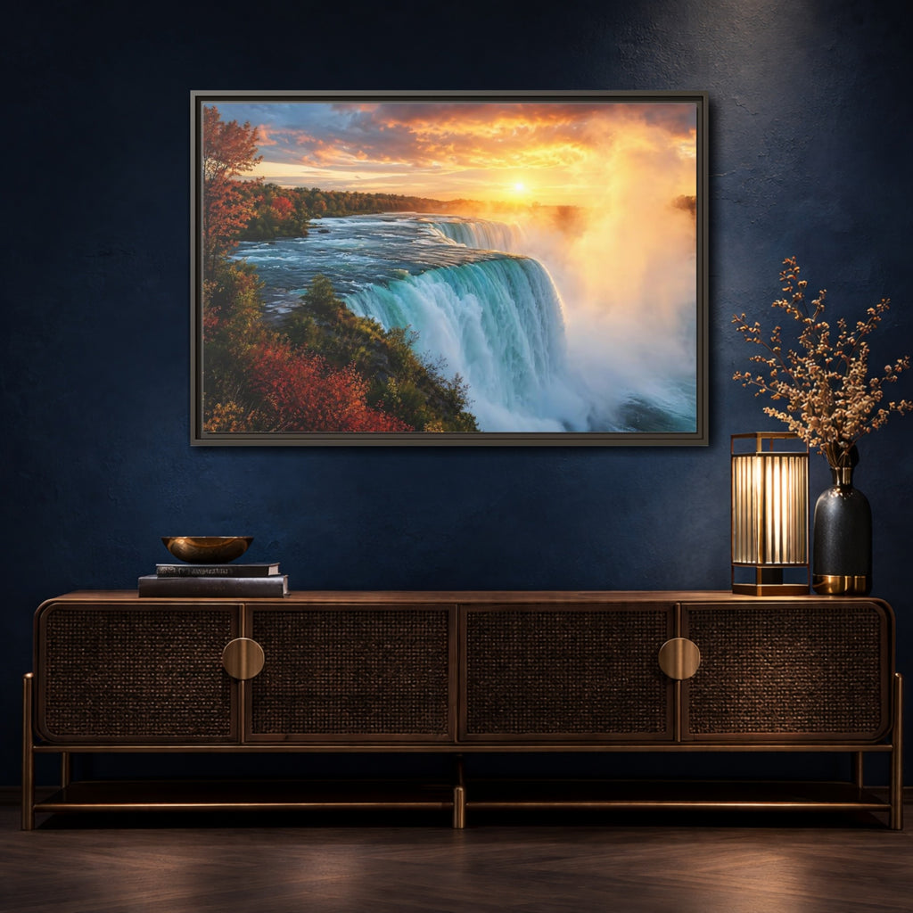 Mockup 4. Nature Waterfall Orange Blue Waterfall shown as stretched canvas wall art