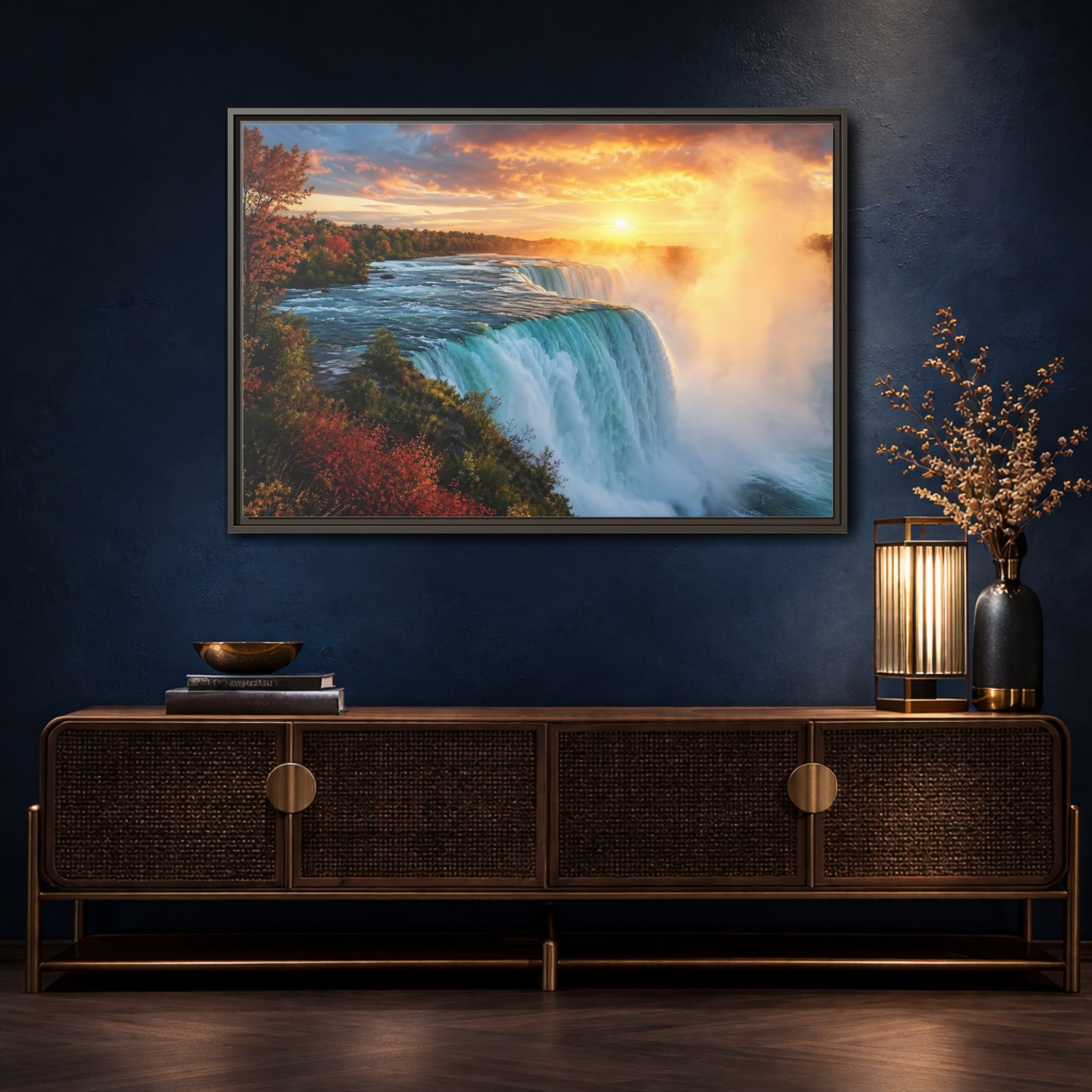Mockup 4. Nature Waterfall Orange Blue Waterfall shown as stretched canvas wall art