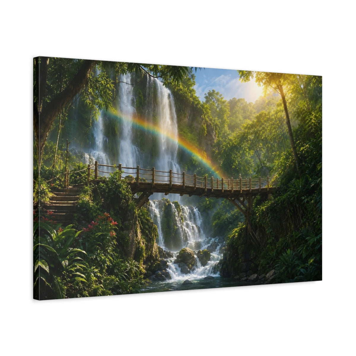 Side Mockup 2. Nature Waterfall Rainbow Green Waterfall Rainbow shown as stretched canvas wall art