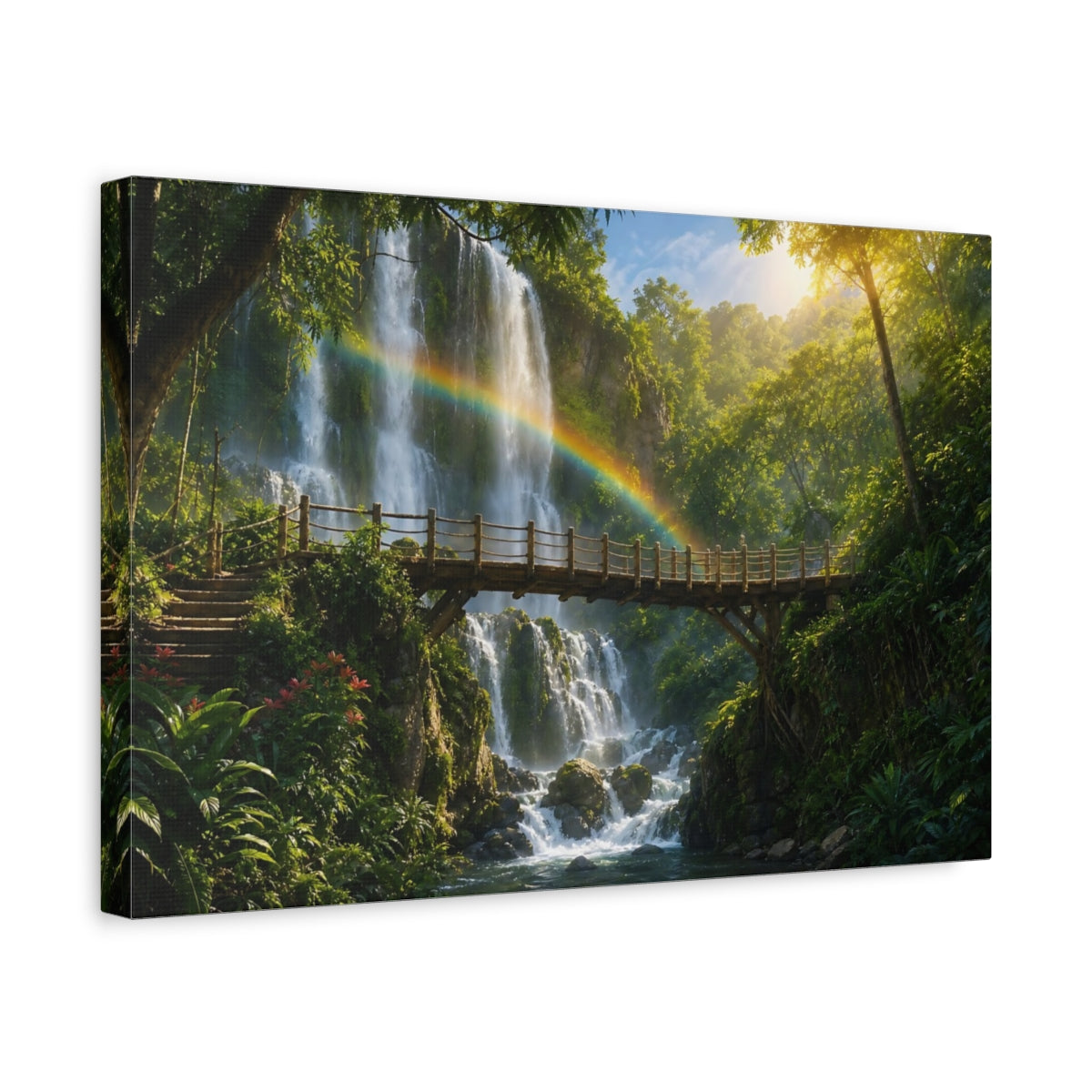 Side Mockup 4. Nature Waterfall Rainbow Green Waterfall Rainbow shown as stretched canvas wall art