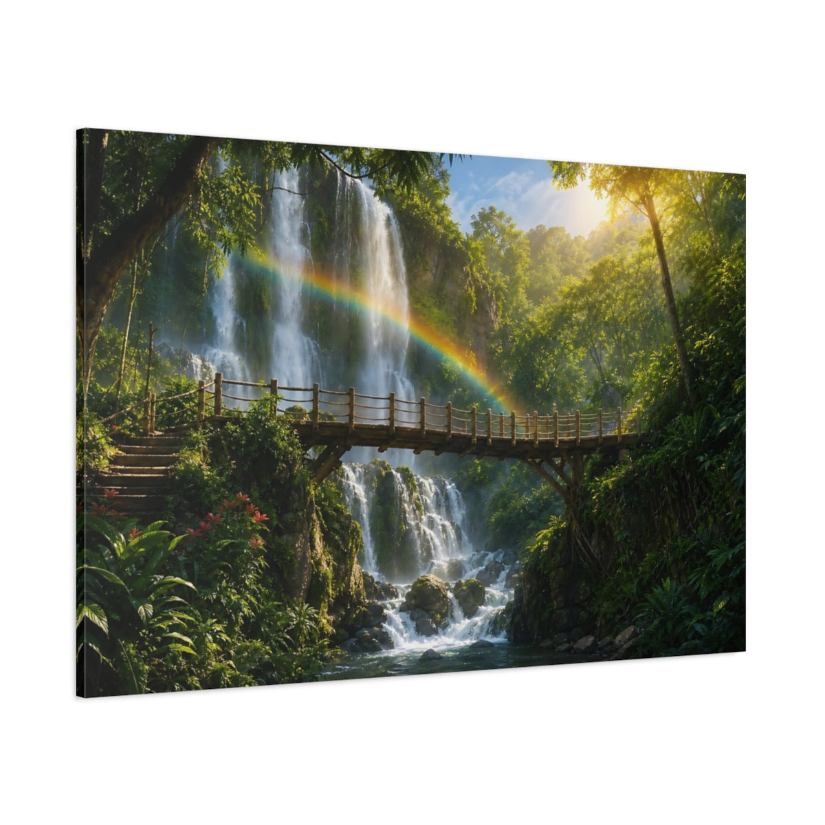 Side Mockup 1. Nature Waterfall Rainbow Green Waterfall Rainbow shown as stretched canvas wall art