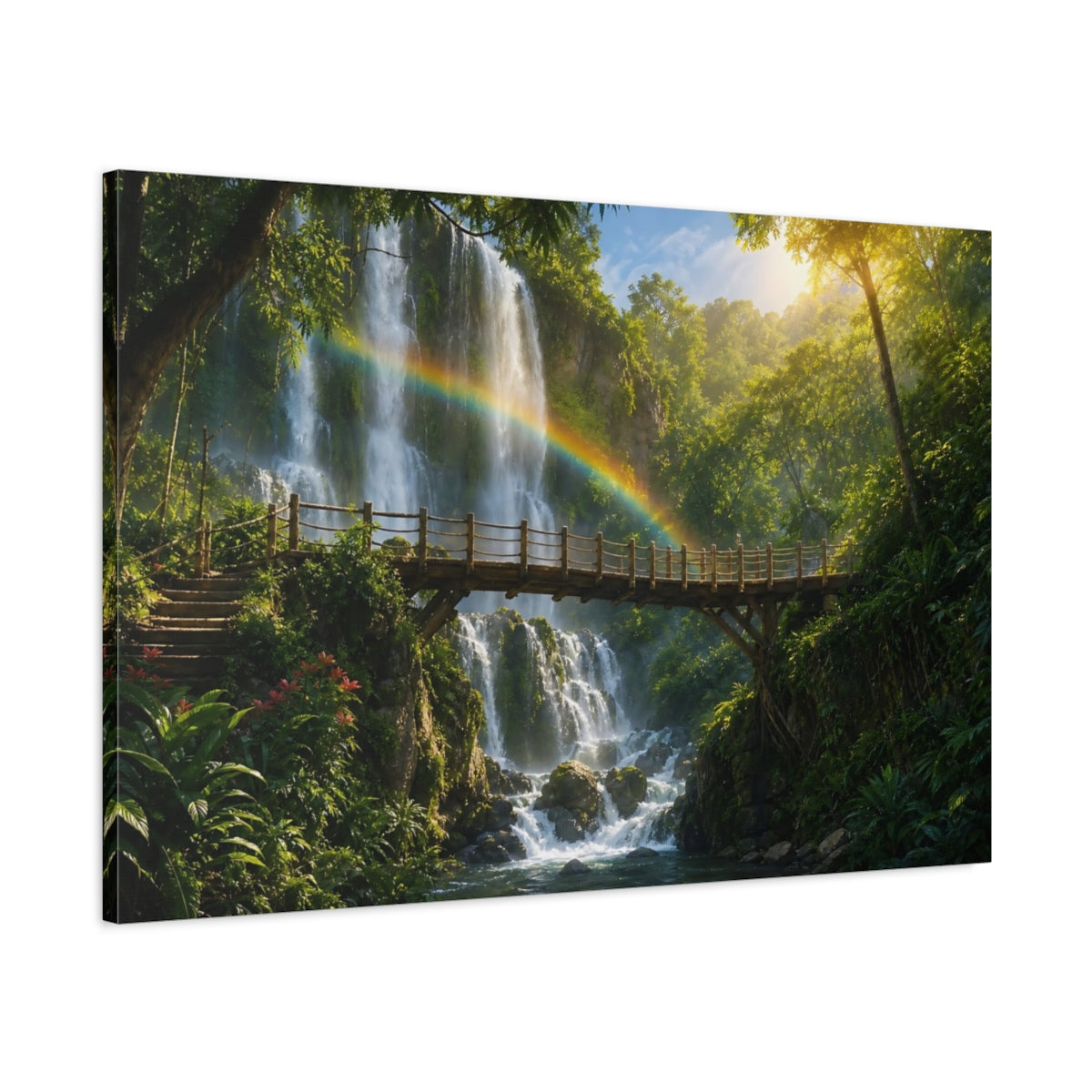 Main Mockup. Nature Waterfall Rainbow Green Waterfall Rainbow shown as stretched canvas wall art
