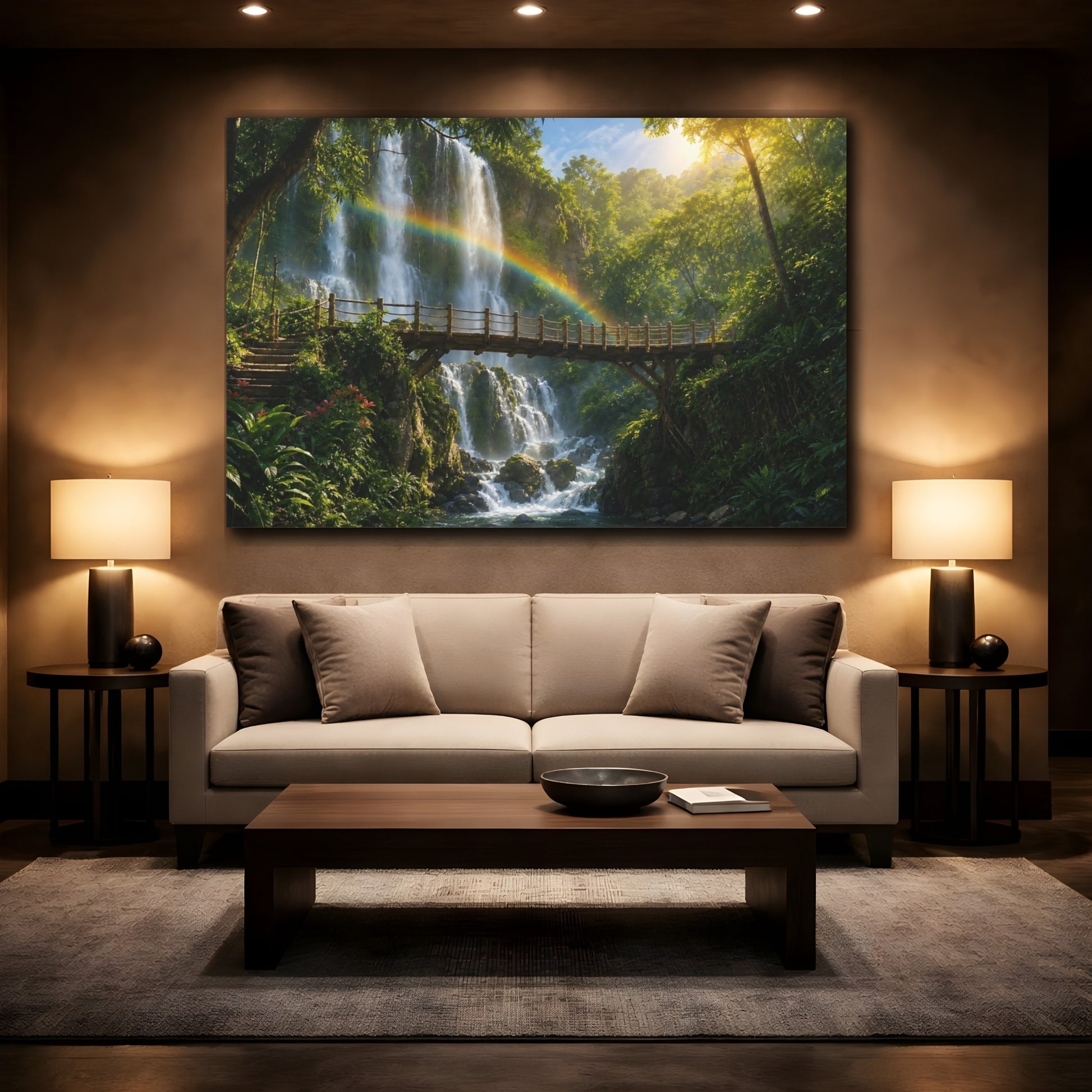 Mockup 2. Nature Waterfall Rainbow Green Waterfall Rainbow shown as stretched canvas wall art