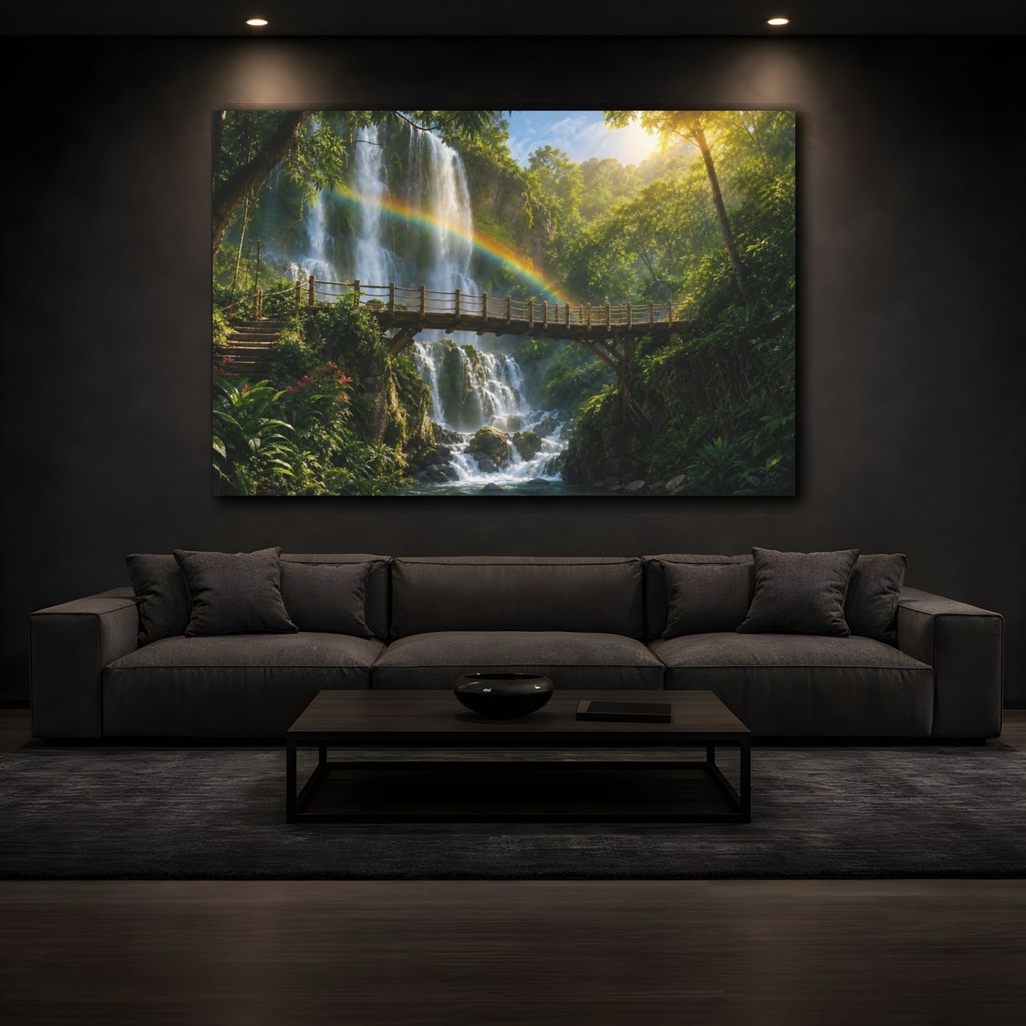 Mockup 3. Nature Waterfall Rainbow Green Waterfall Rainbow shown as stretched canvas wall art
