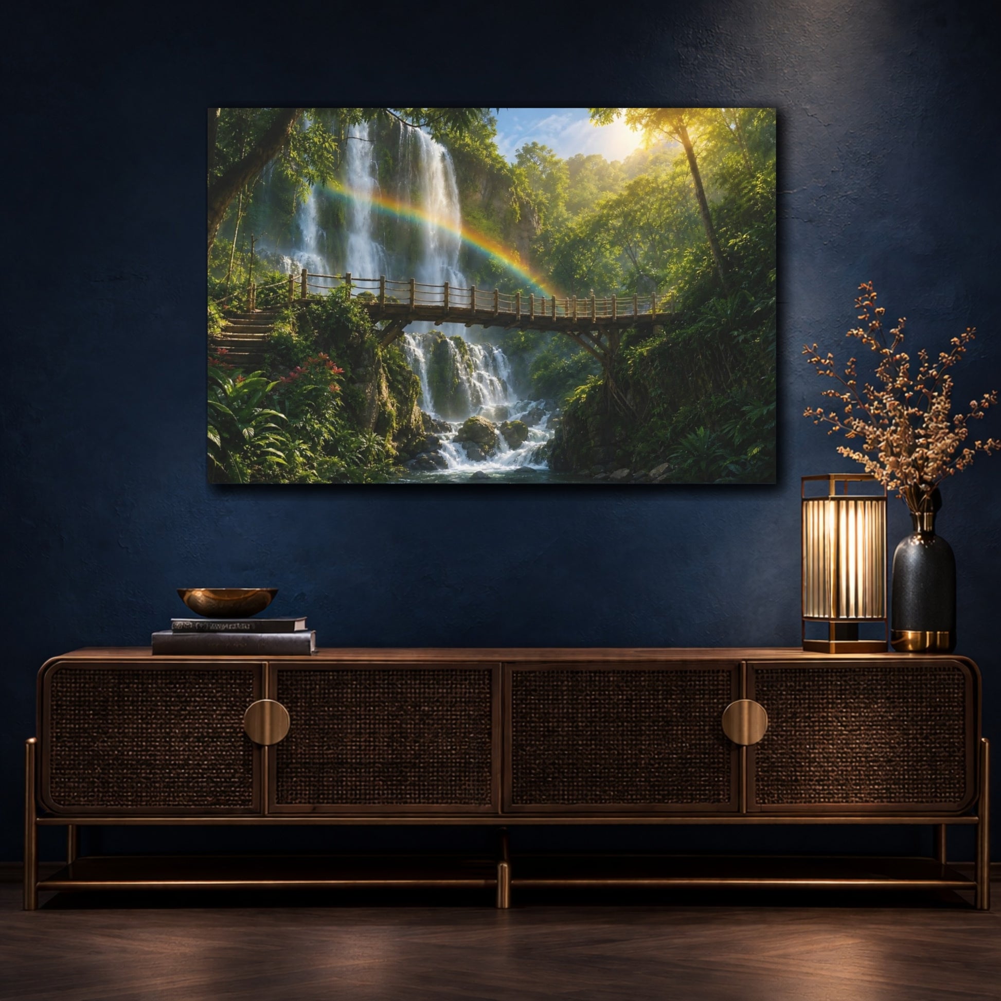 Mockup 4. Nature Waterfall Rainbow Green Waterfall Rainbow shown as stretched canvas wall art