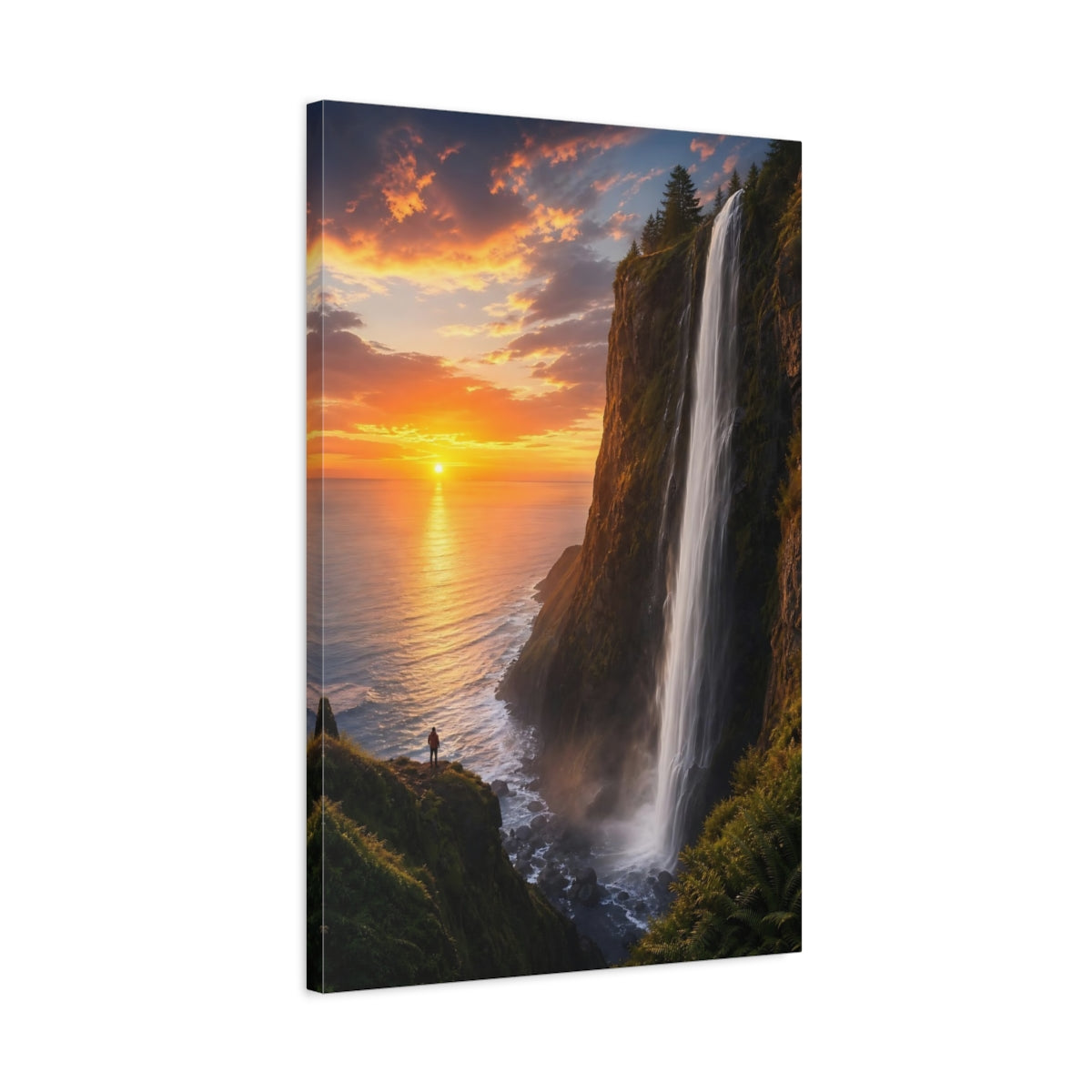 Side Mockup 2. Nature Waterfall Sunset Orange Sunset Waterfall shown as stretched canvas wall art