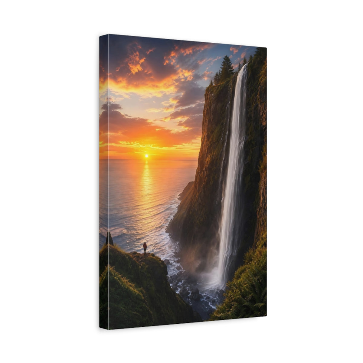 Side Mockup 4. Nature Waterfall Sunset Orange Sunset Waterfall shown as stretched canvas wall art