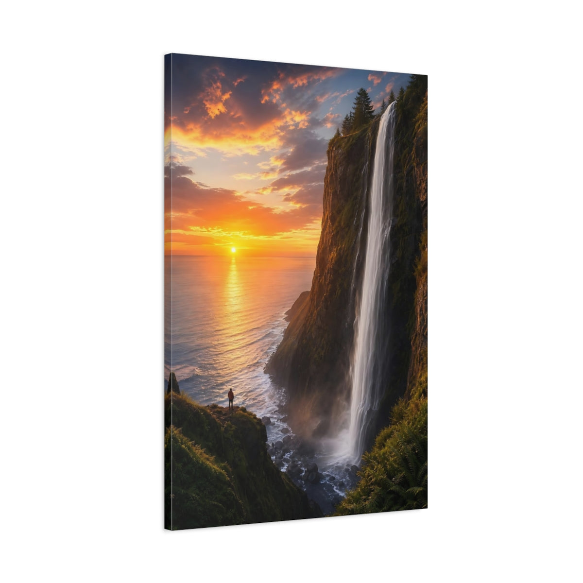Main Mockup. Nature Waterfall Sunset Orange Sunset Waterfall shown as stretched canvas wall art