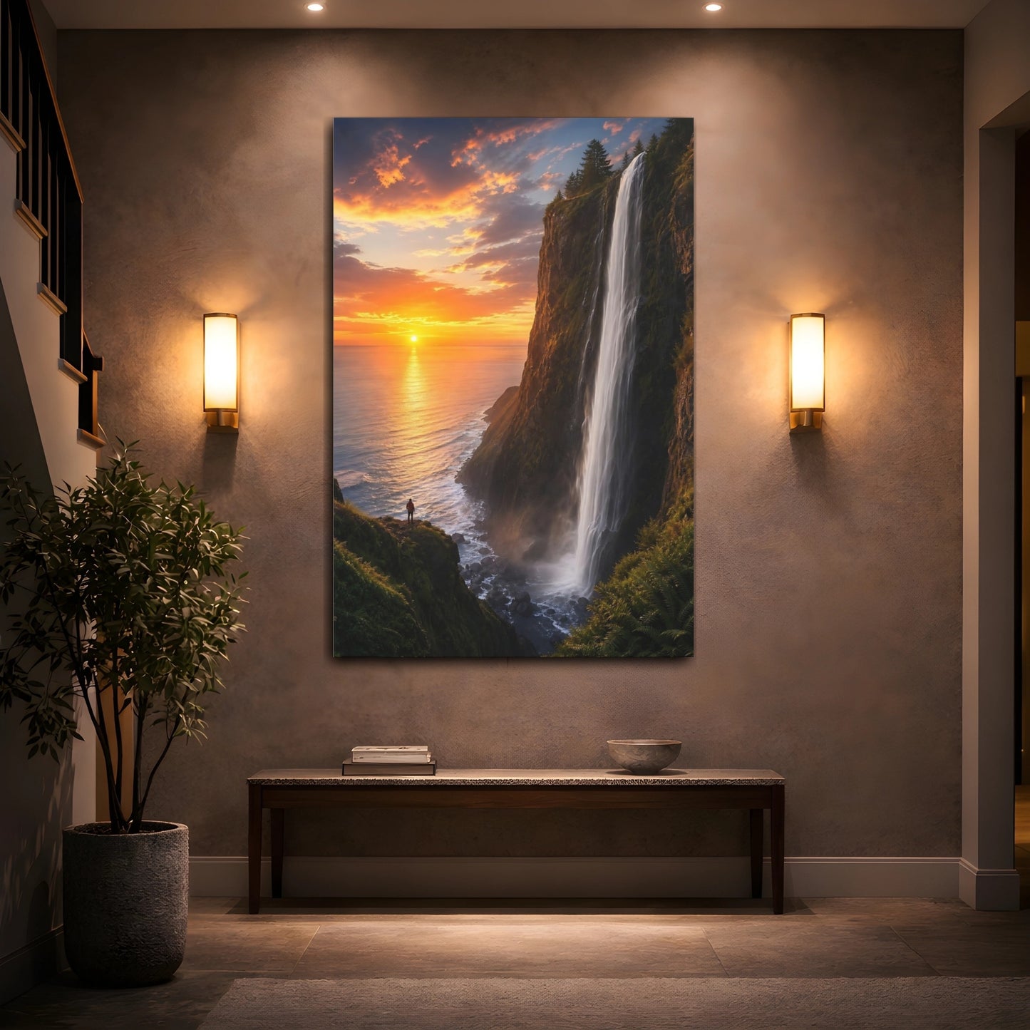 Mockup 2. Nature Waterfall Sunset Orange Sunset Waterfall shown as stretched canvas wall art