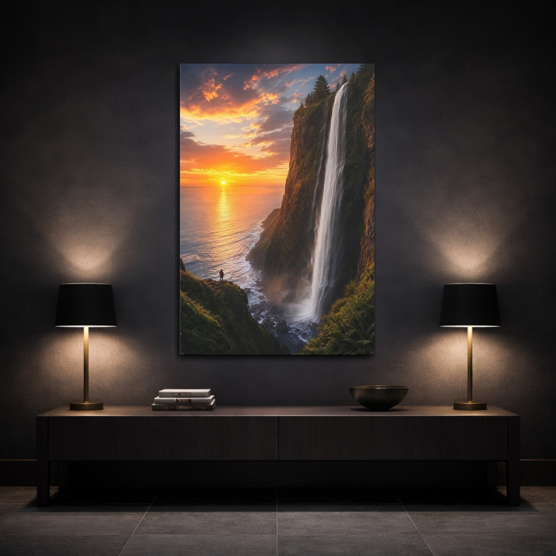Mockup 3. Nature Waterfall Sunset Orange Sunset Waterfall shown as stretched canvas wall art