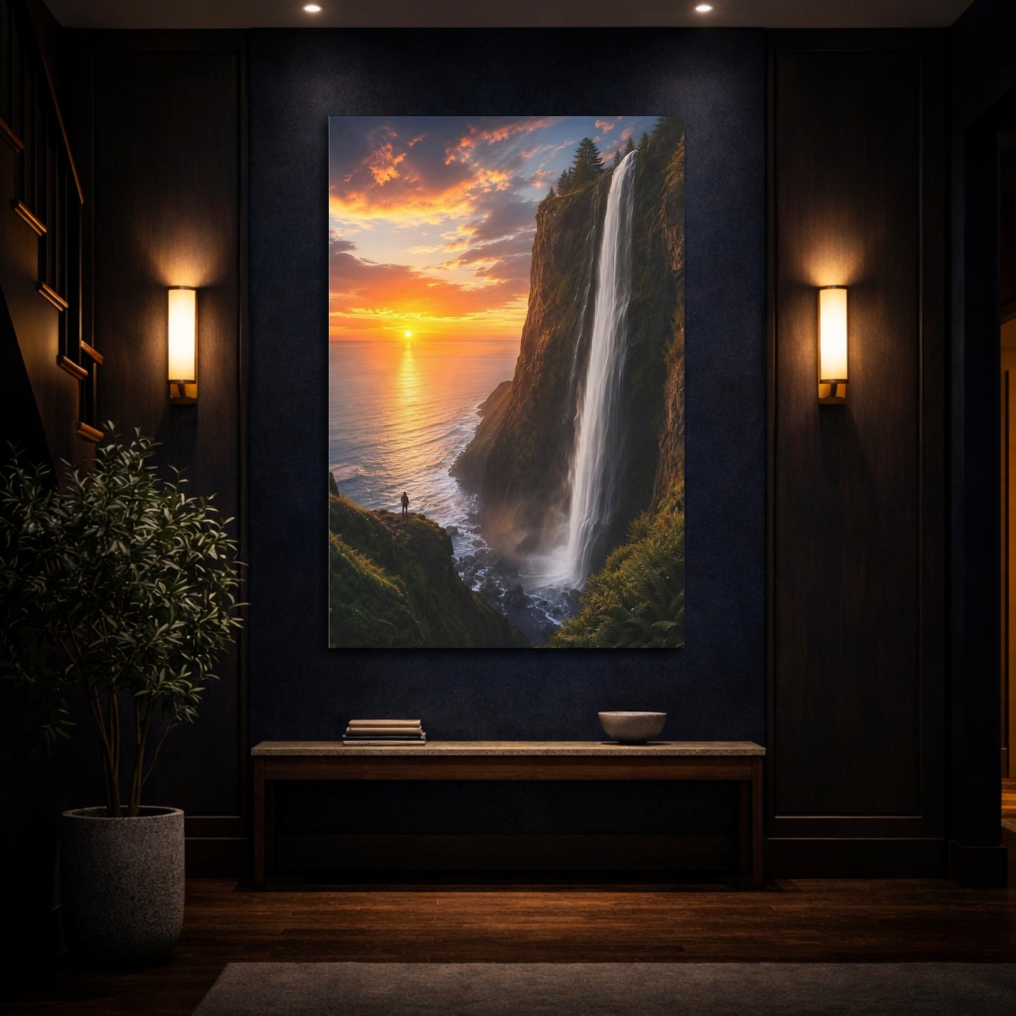 Mockup 4. Nature Waterfall Sunset Orange Sunset Waterfall shown as stretched canvas wall art