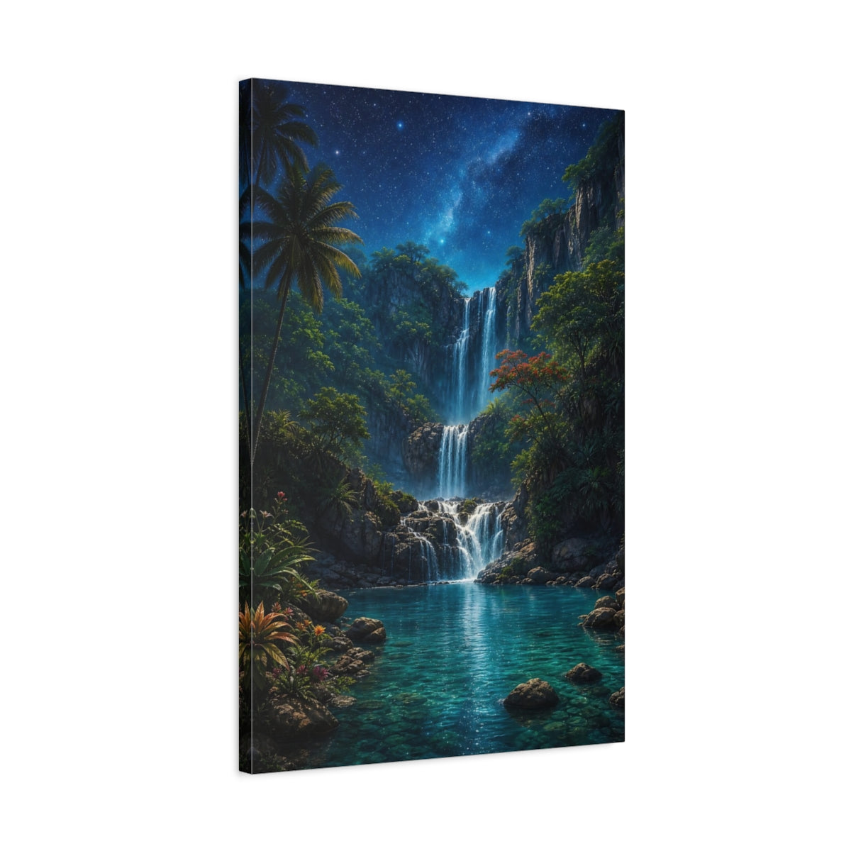 Side Mockup 2. Nature Waterfall Tropical Waterfall Night shown as stretched canvas wall art