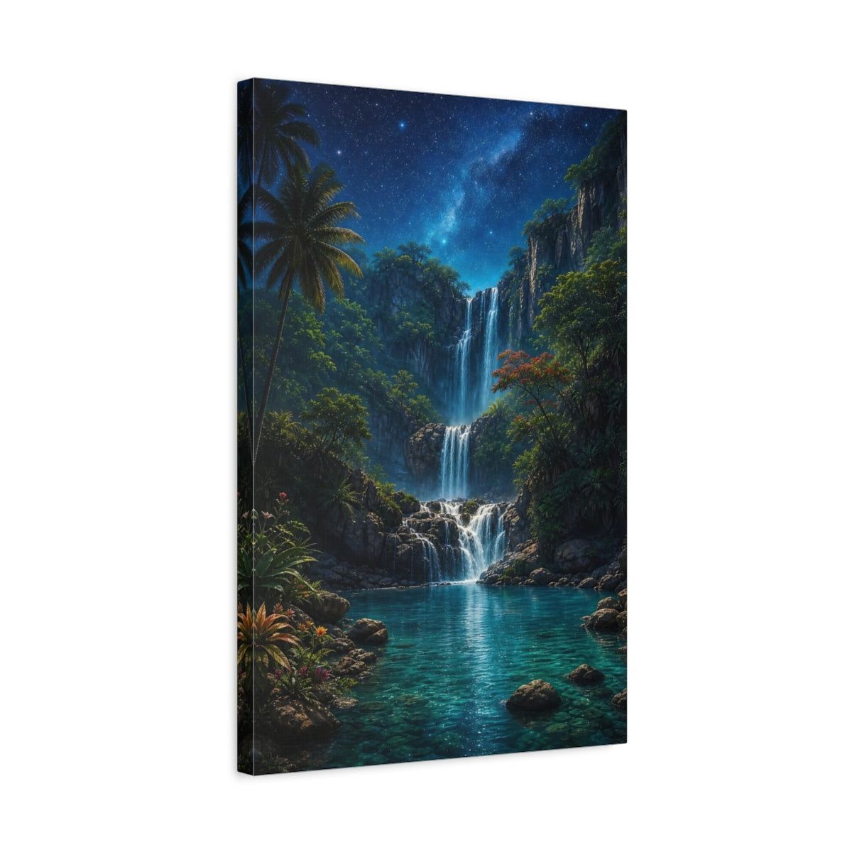 Side Mockup 3. Nature Waterfall Tropical Waterfall Night shown as stretched canvas wall art