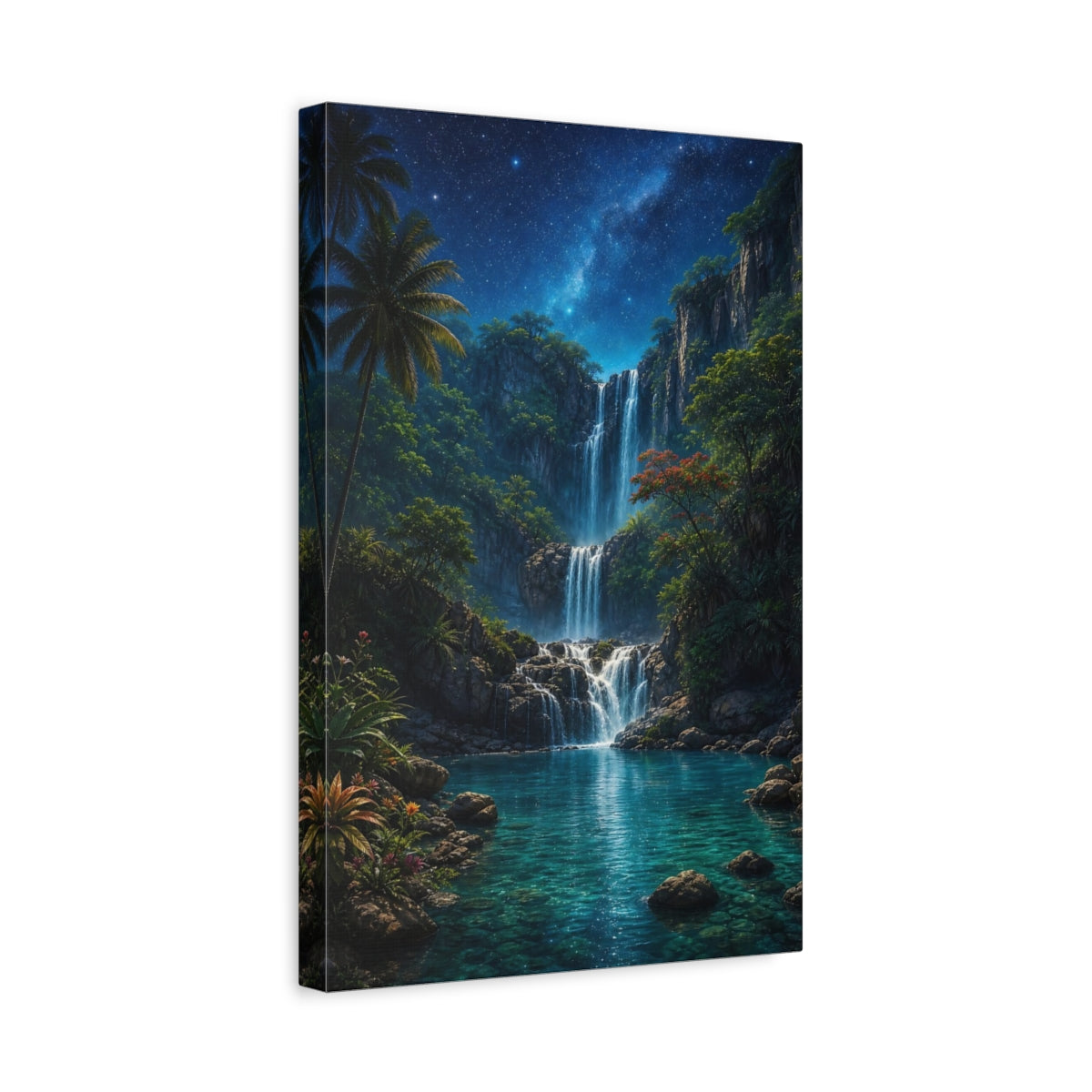Side Mockup 4. Nature Waterfall Tropical Waterfall Night shown as stretched canvas wall art