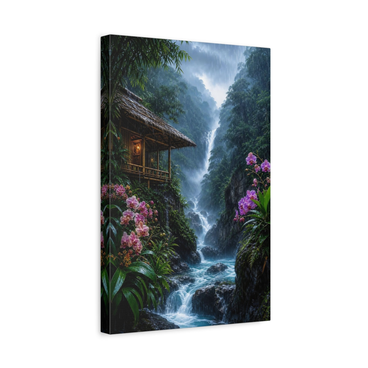 Side Mockup 4. Nature Waterfall Tropical Rainforest shown as stretched canvas wall art