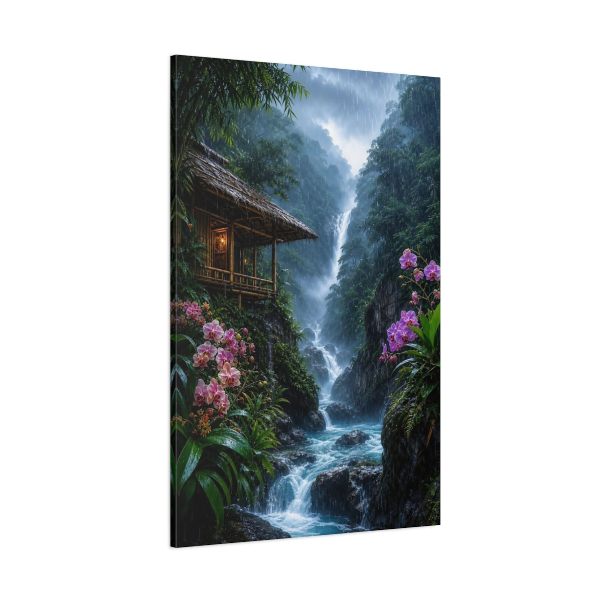 Side Mockup 1. Nature Waterfall Tropical Rainforest shown as stretched canvas wall art
