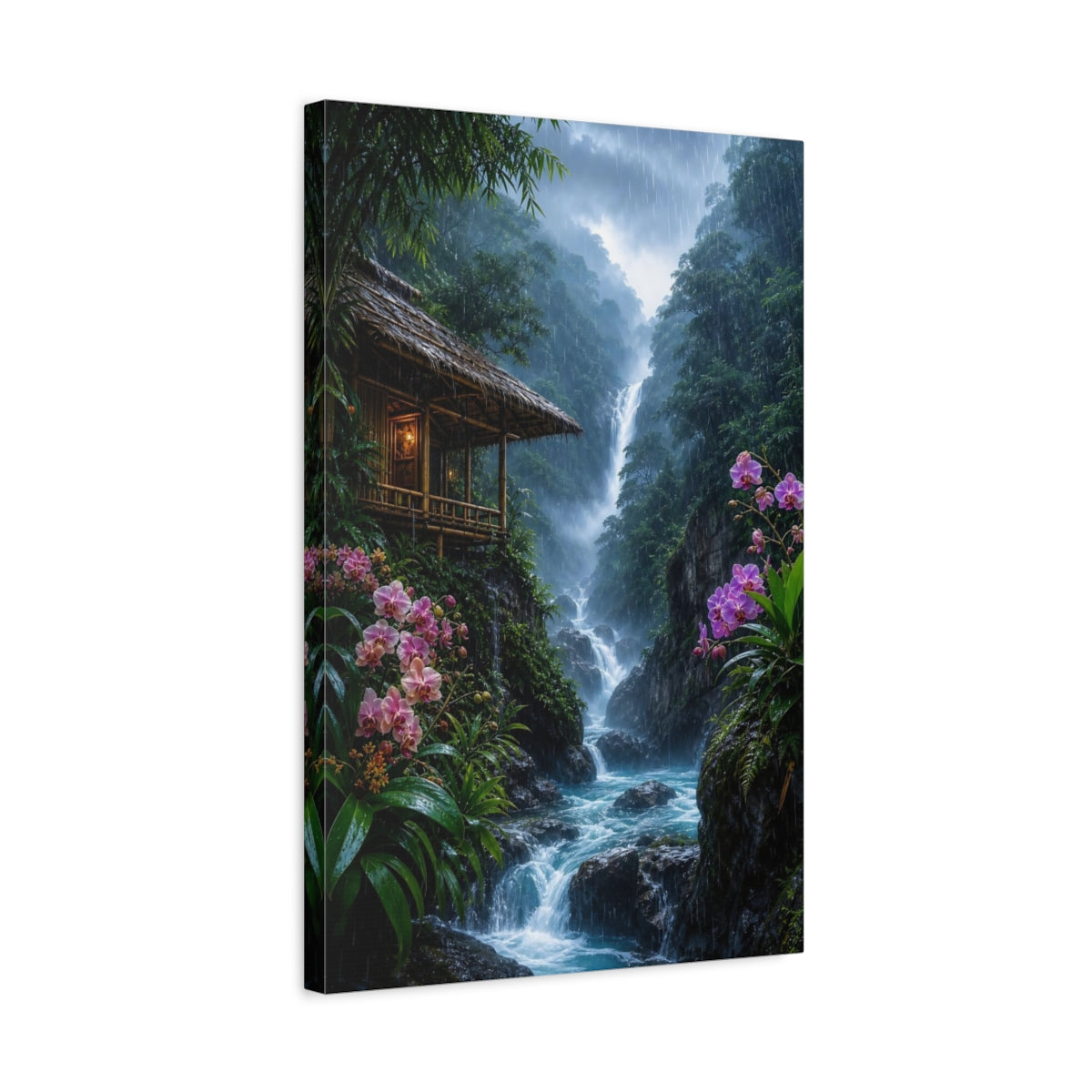 Side Mockup 3. Nature Waterfall Tropical Rainforest shown as stretched canvas wall art