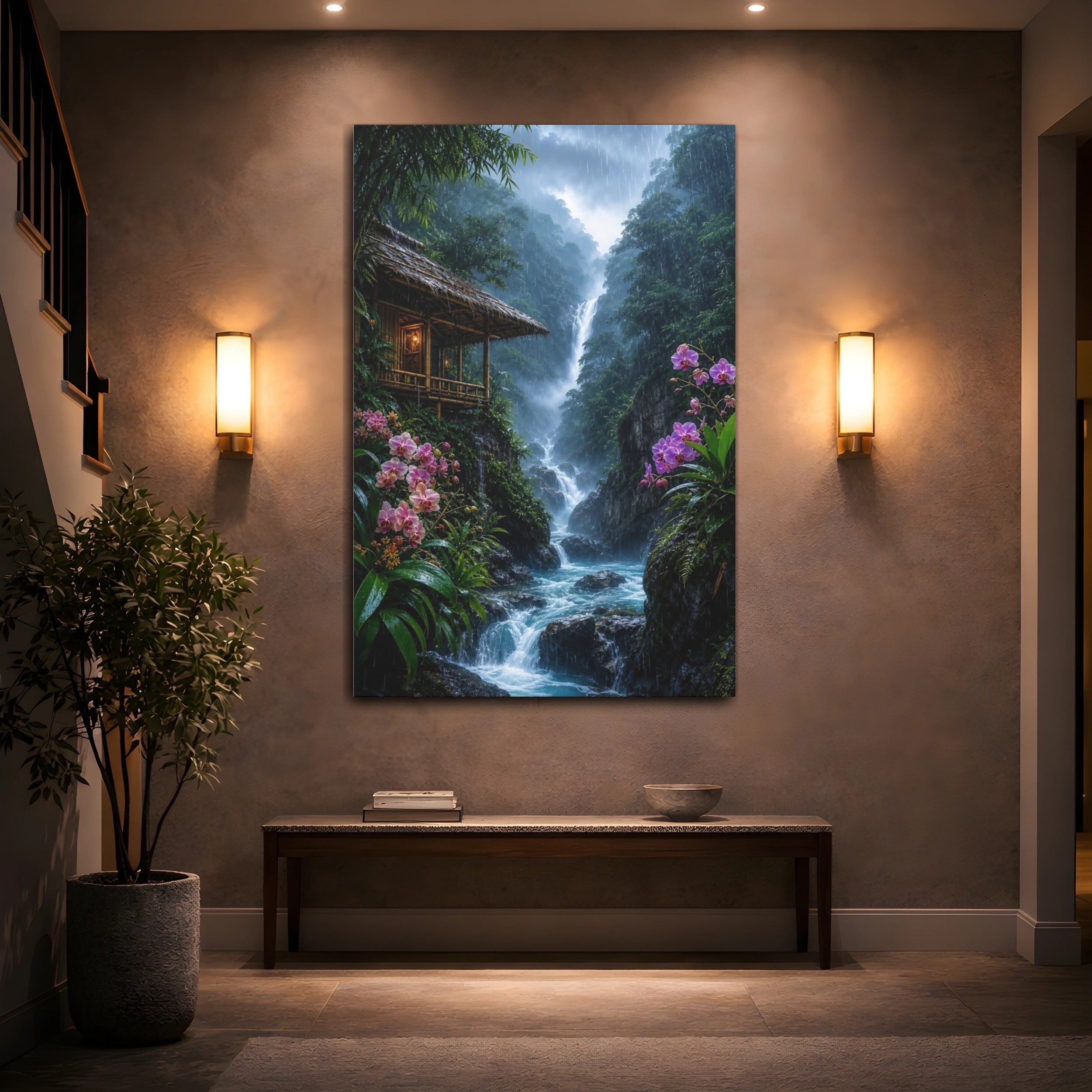Mockup 2. Nature Waterfall Tropical Rainforest shown as stretched canvas wall art