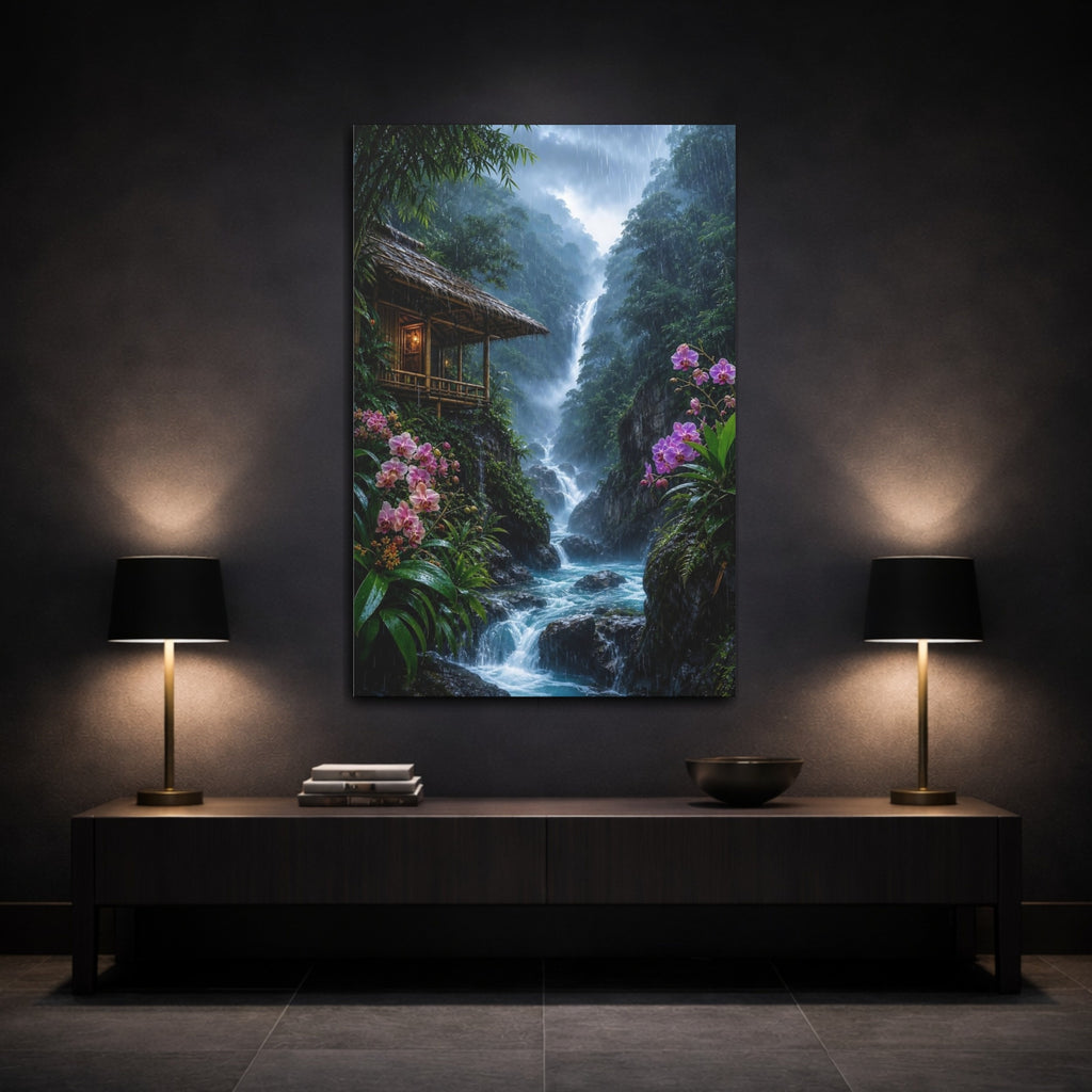 Mockup 3. Nature Waterfall Tropical Rainforest shown as stretched canvas wall art