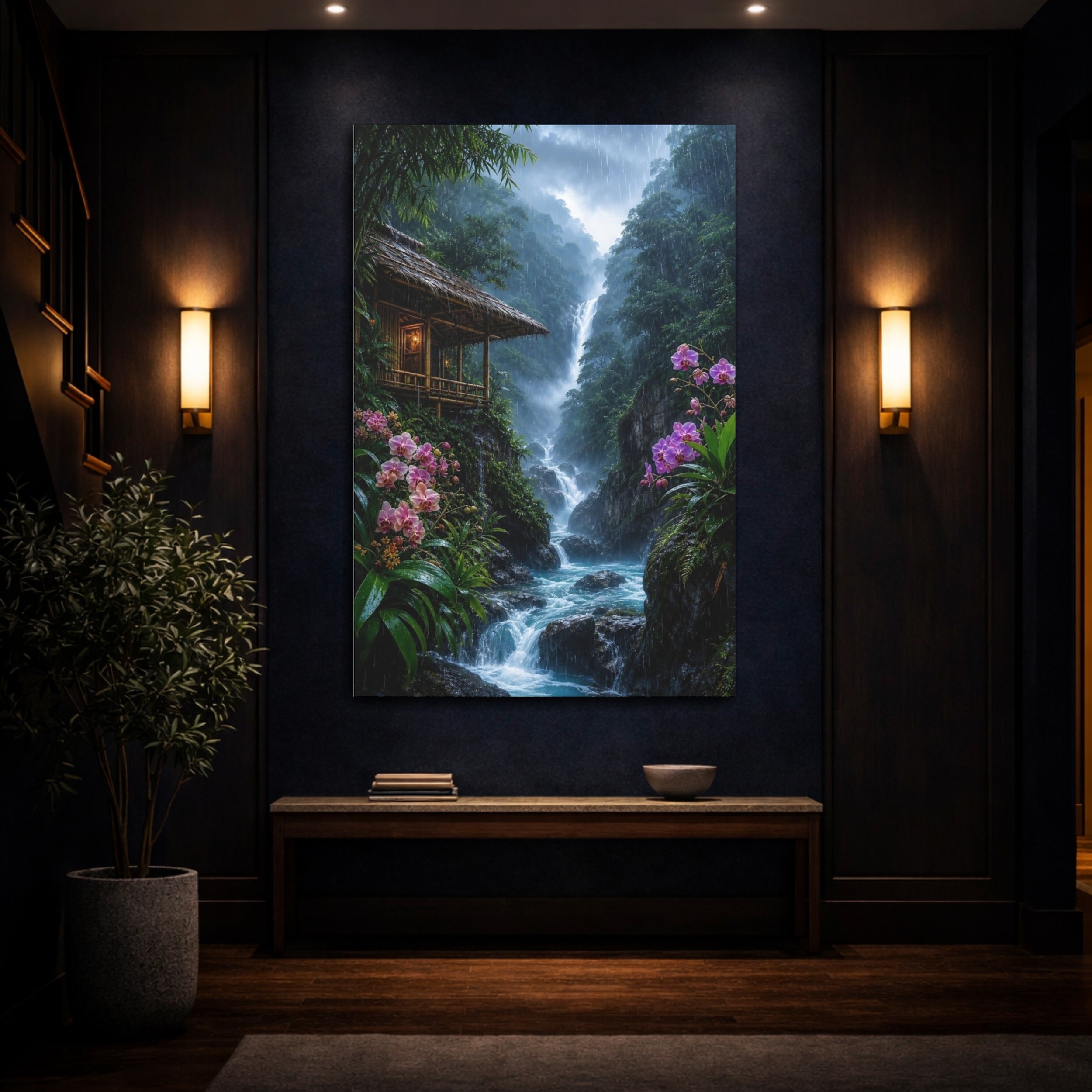 Mockup 4. Nature Waterfall Tropical Rainforest shown as stretched canvas wall art