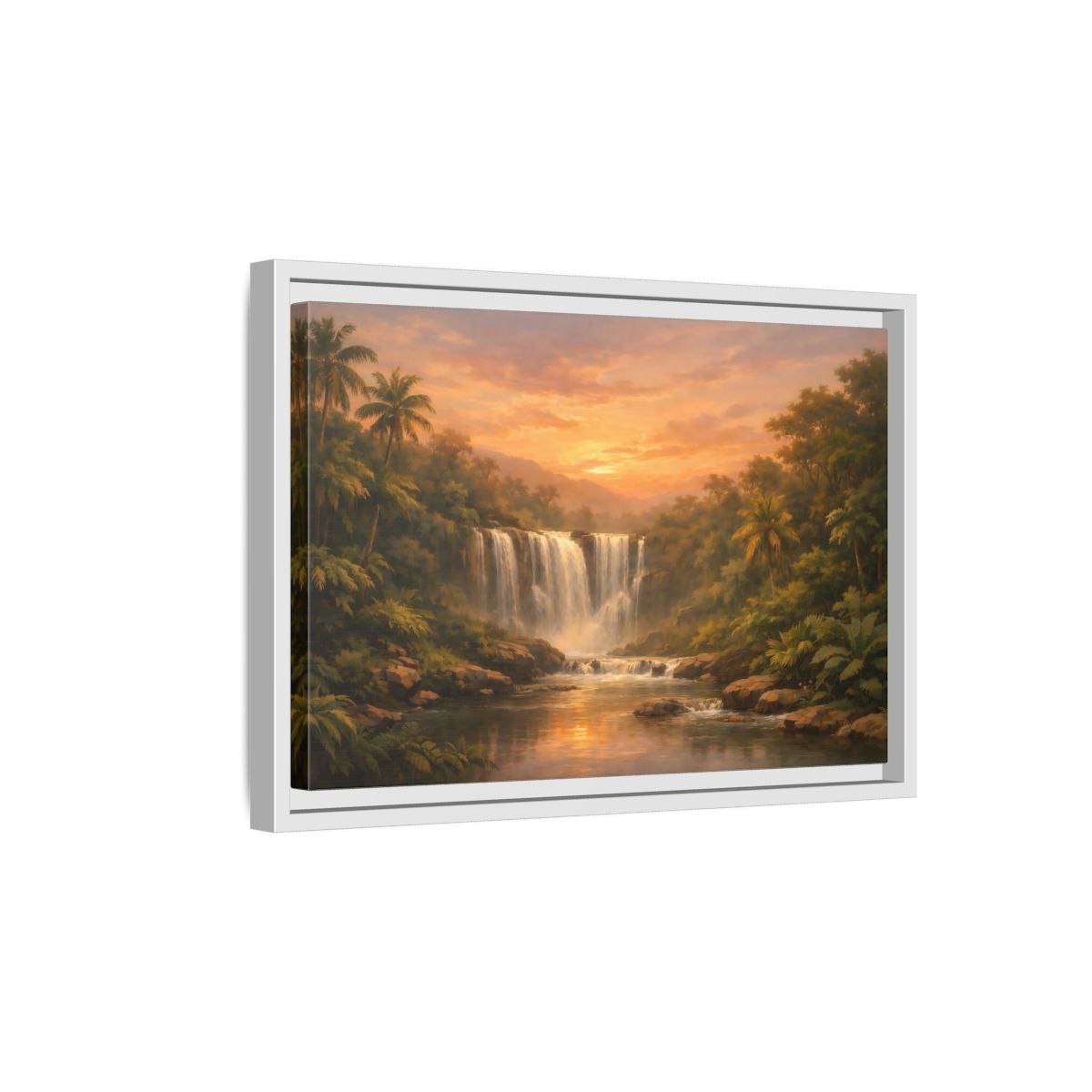 Side Mockup 4. Nature Waterfall Tropical Waterfall Sunset shown as stretched canvas wall art