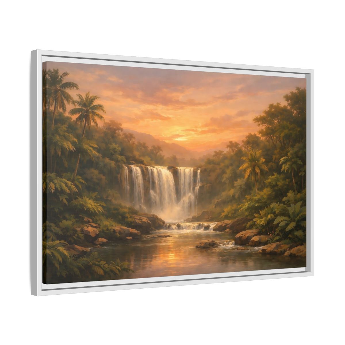 Side Mockup 10. Nature Waterfall Tropical Waterfall Sunset shown as stretched canvas wall art