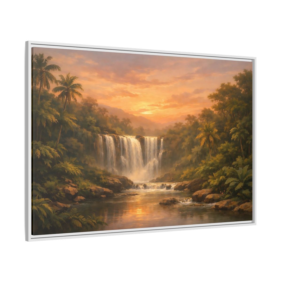 Side Mockup 7. Nature Waterfall Tropical Waterfall Sunset shown as stretched canvas wall art