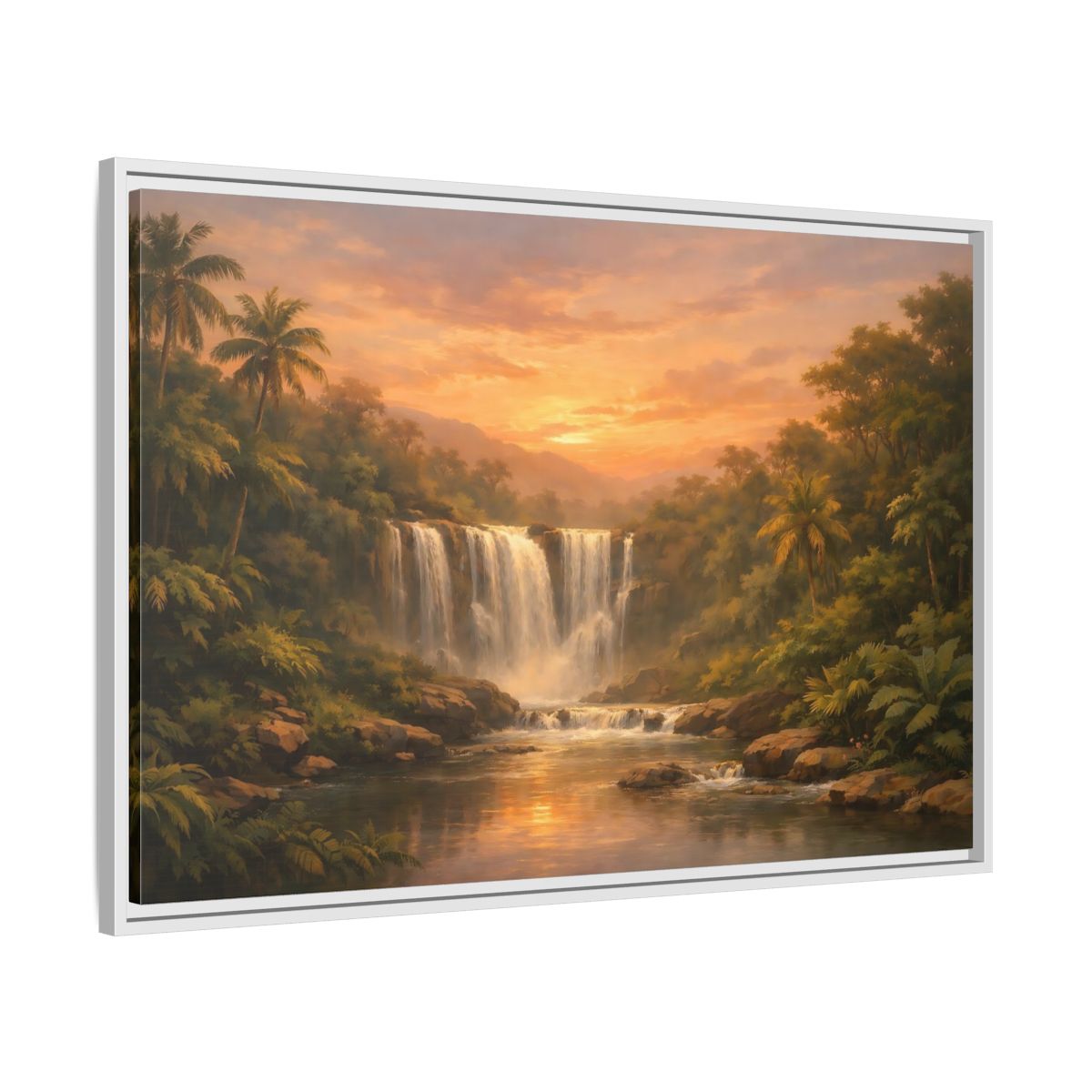 Side Mockup 9. Nature Waterfall Tropical Waterfall Sunset shown as stretched canvas wall art