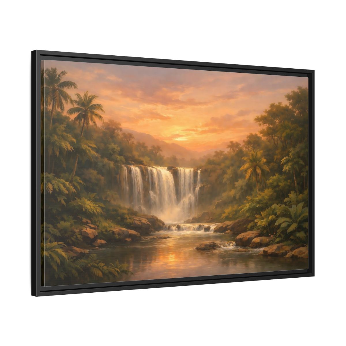 Side Mockup 13. Nature Waterfall Tropical Waterfall Sunset shown as stretched canvas wall art