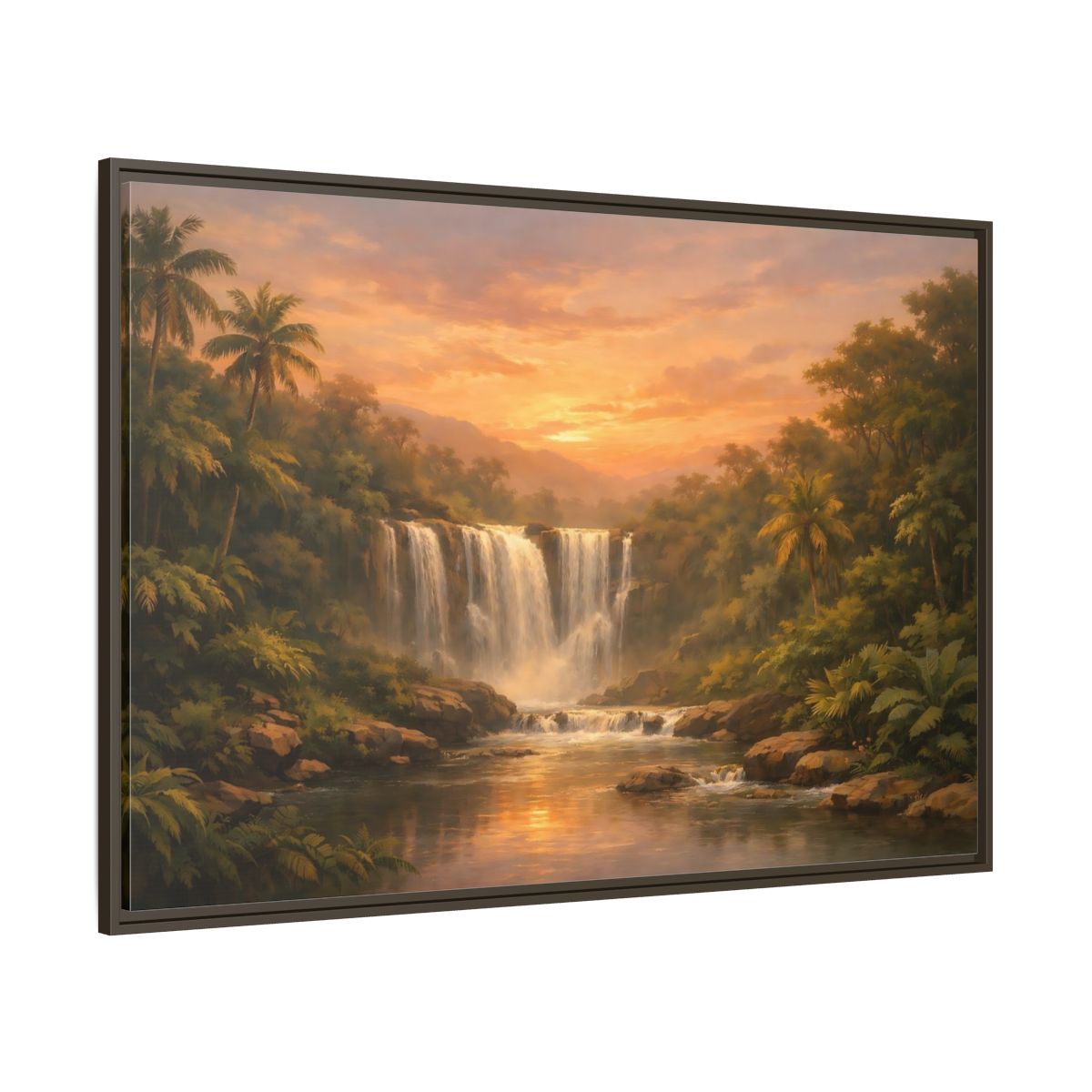 Side Mockup 8. Nature Waterfall Tropical Waterfall Sunset shown as stretched canvas wall art