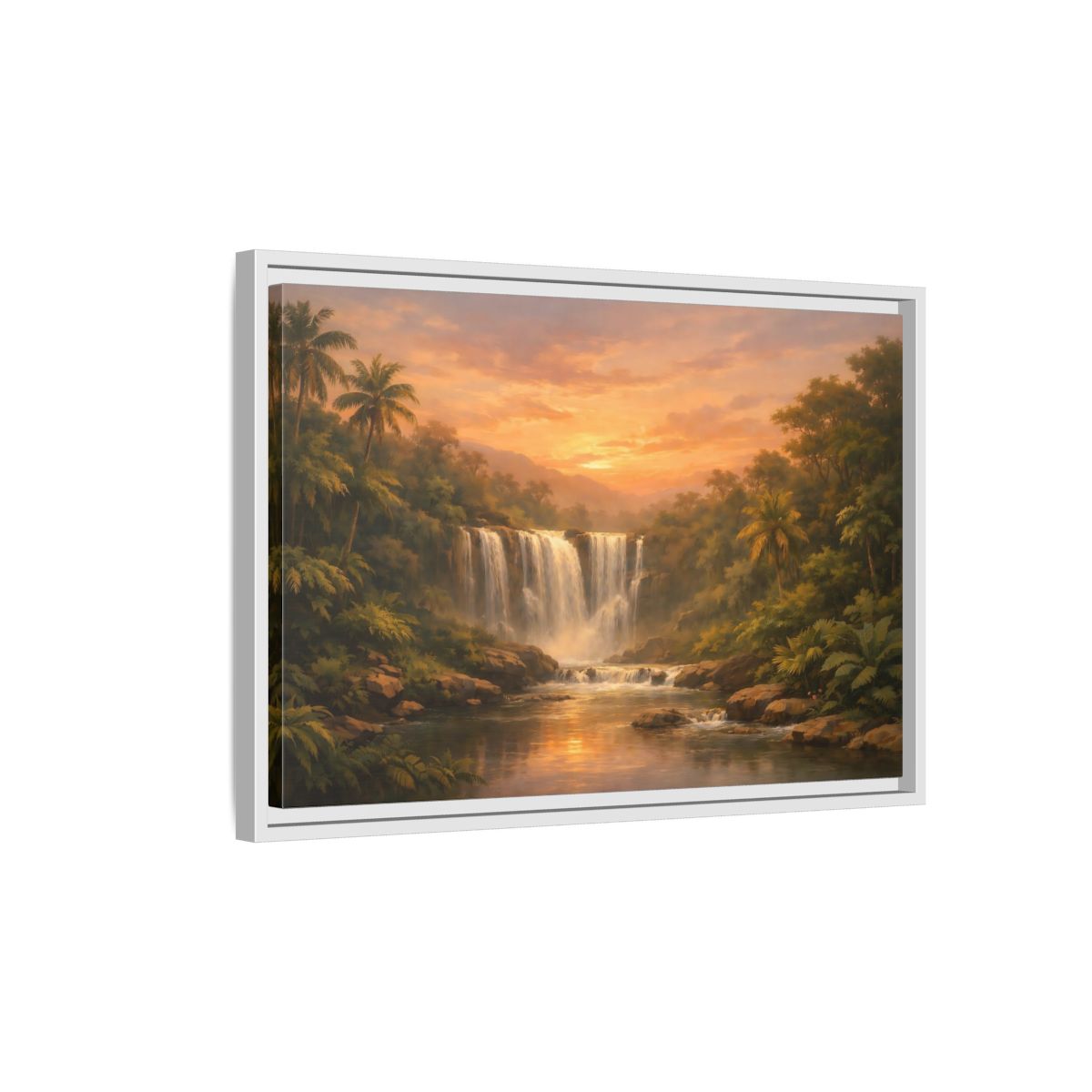 Side Mockup 1. Nature Waterfall Tropical Waterfall Sunset shown as stretched canvas wall art