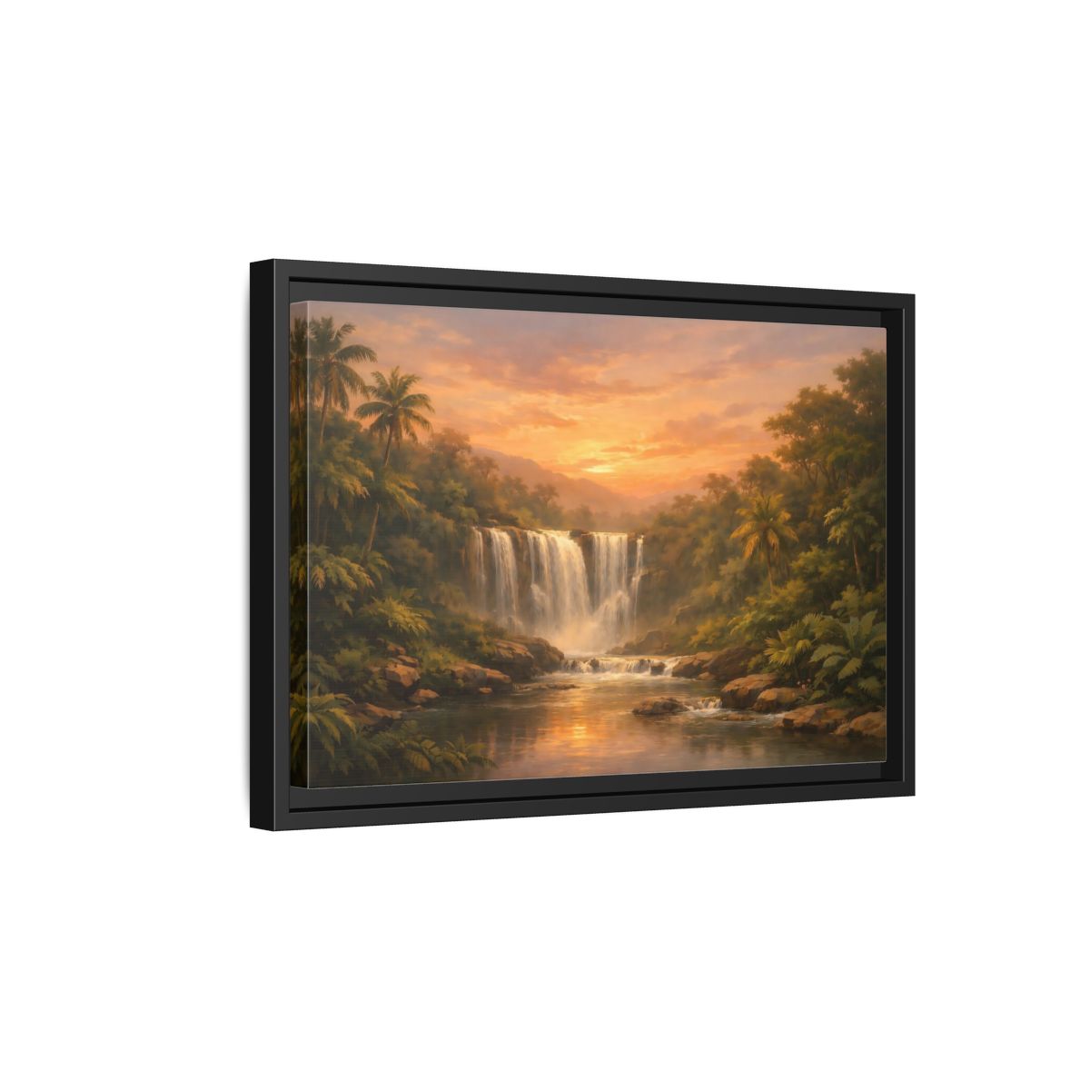 Side Mockup 6. Nature Waterfall Tropical Waterfall Sunset shown as stretched canvas wall art