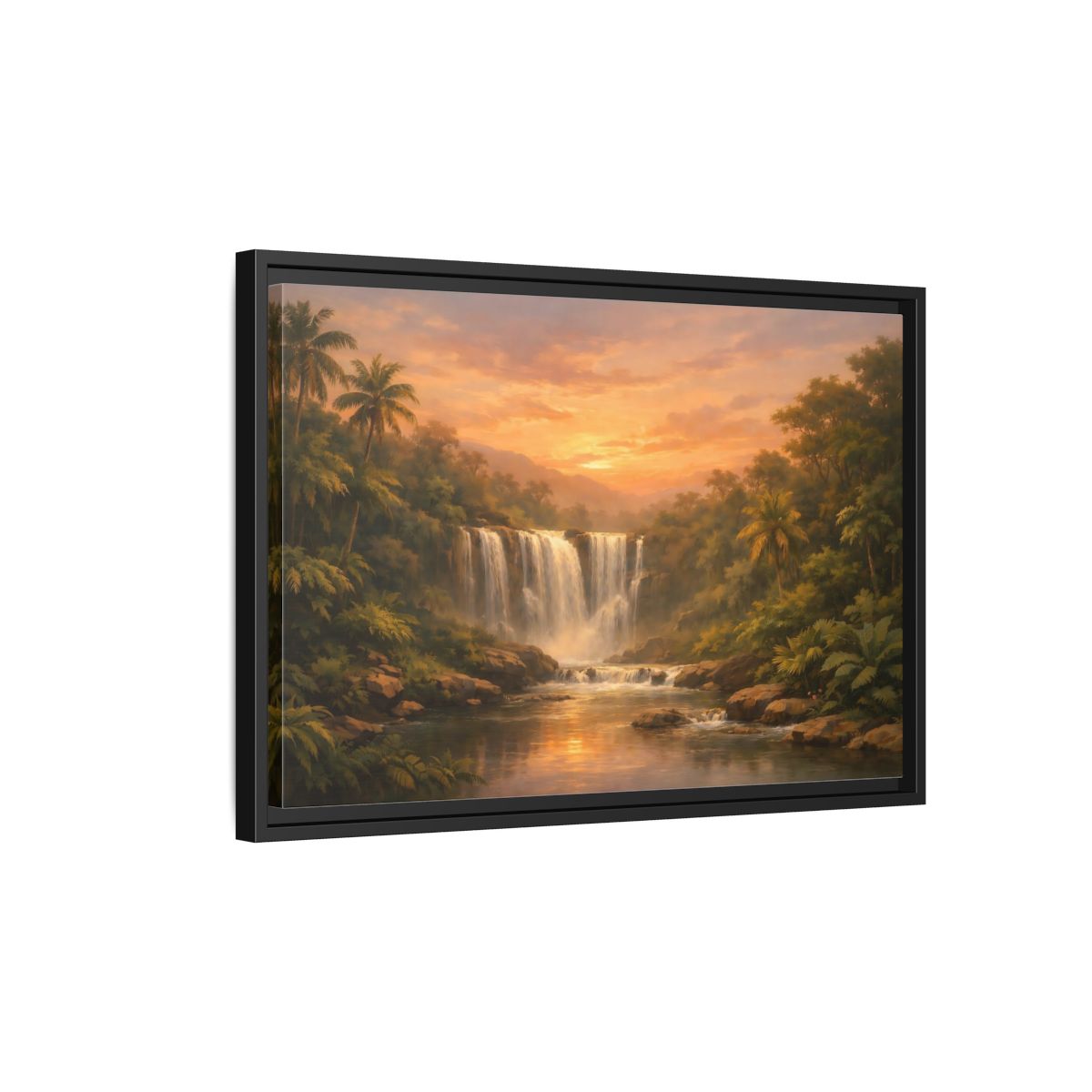 Side Mockup 3. Nature Waterfall Tropical Waterfall Sunset shown as stretched canvas wall art