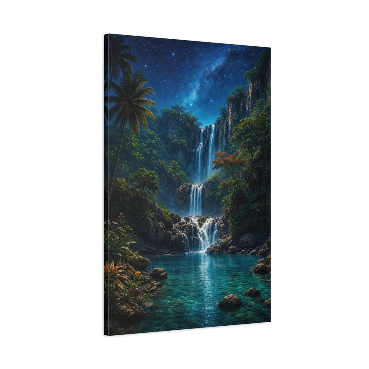 Main Mockup. Nature Waterfall Tropical Waterfall Night shown as stretched canvas wall art