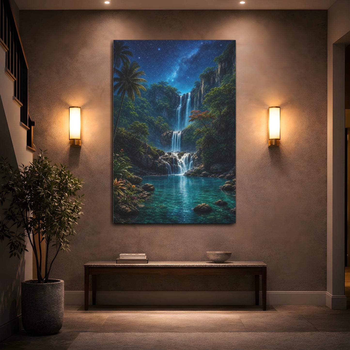 Mockup 2. Nature Waterfall Tropical Waterfall Night shown as stretched canvas wall art
