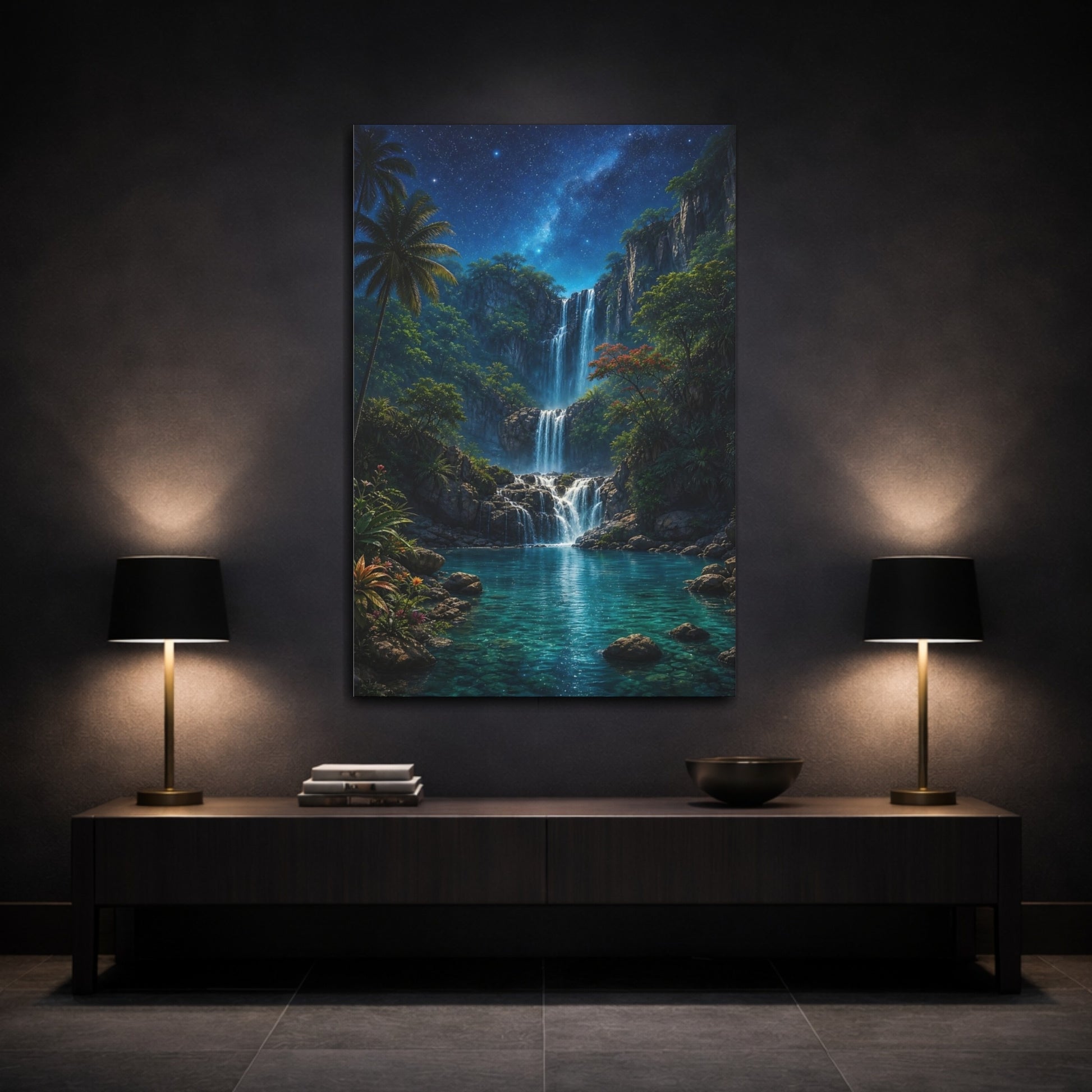 Mockup 3. Nature Waterfall Tropical Waterfall Night shown as stretched canvas wall art