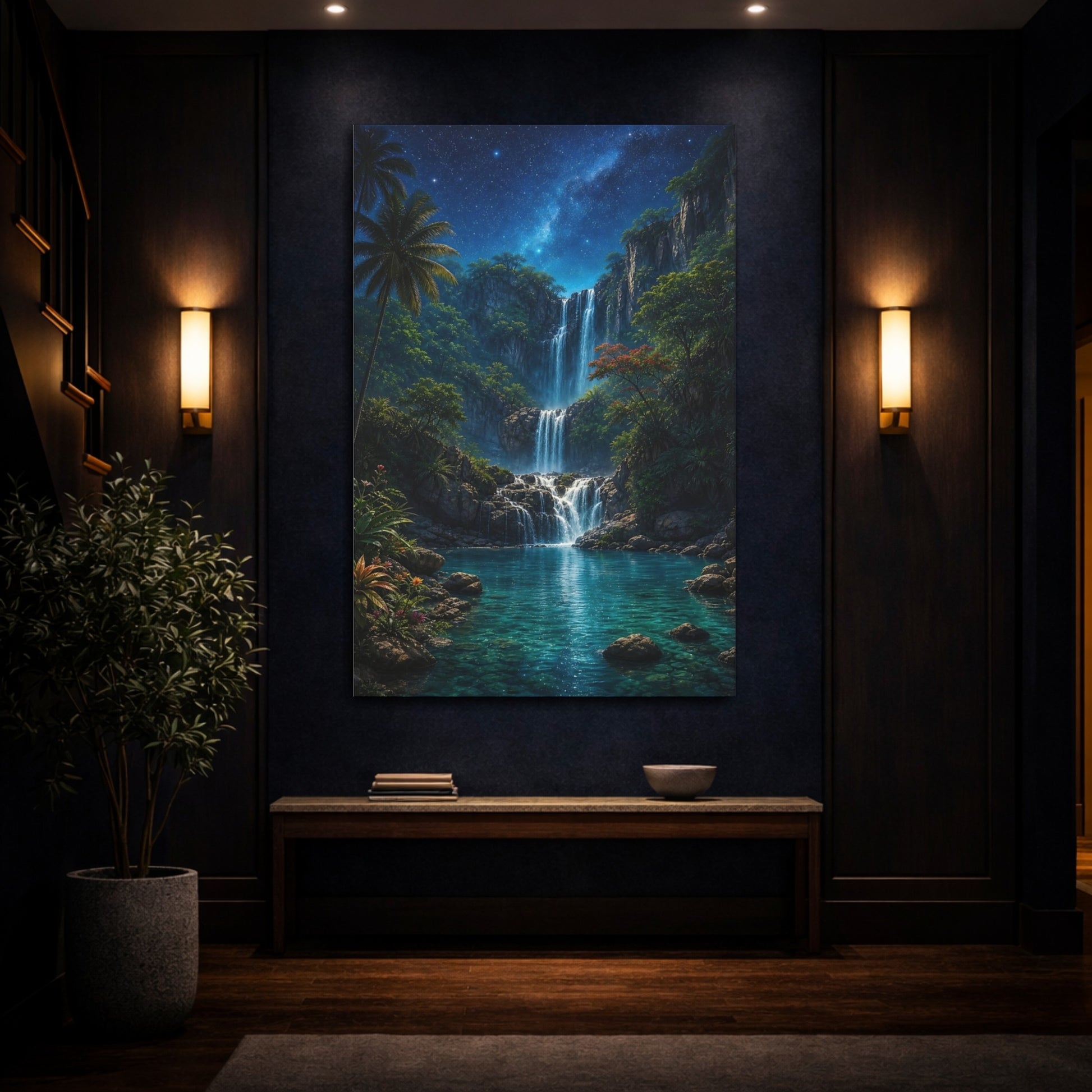Mockup 4. Nature Waterfall Tropical Waterfall Night shown as stretched canvas wall art