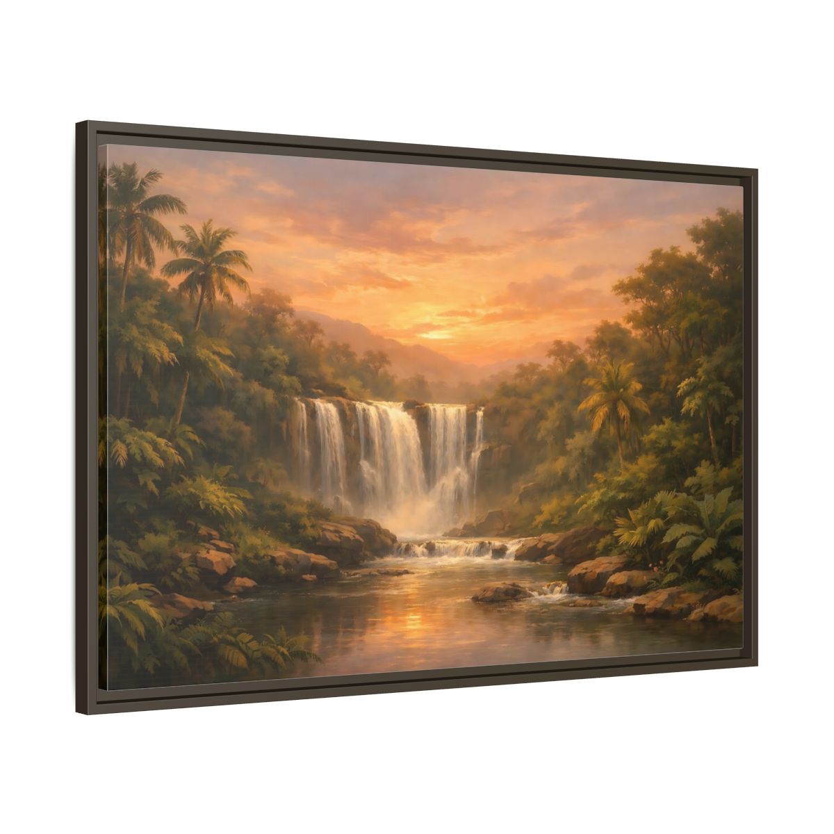 Main Mockup. Nature Waterfall Tropical Waterfall Sunset shown as stretched canvas wall art