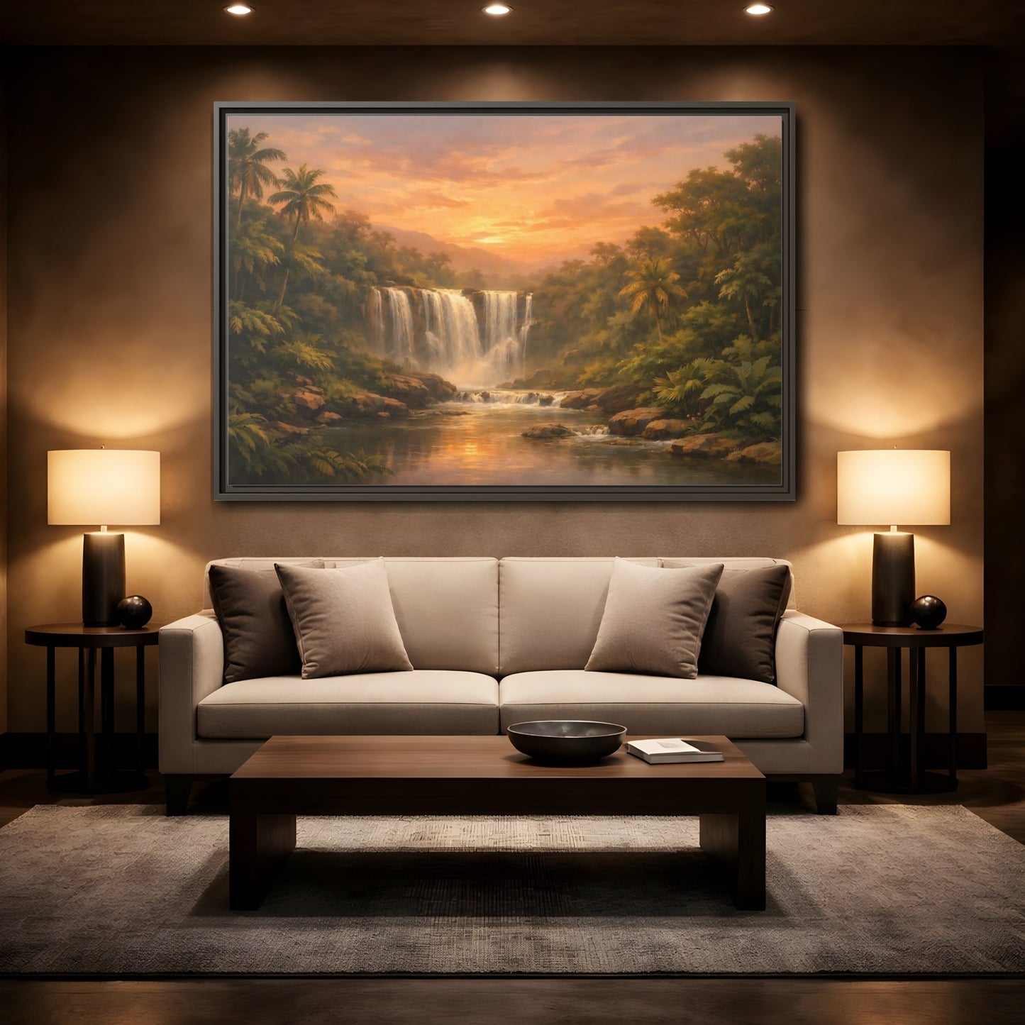 Mockup 2. Nature Waterfall Tropical Waterfall Sunset shown as stretched canvas wall art