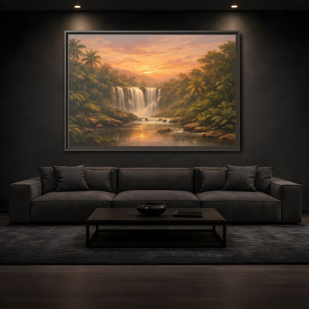 Mockup 3. Nature Waterfall Tropical Waterfall Sunset shown as stretched canvas wall art