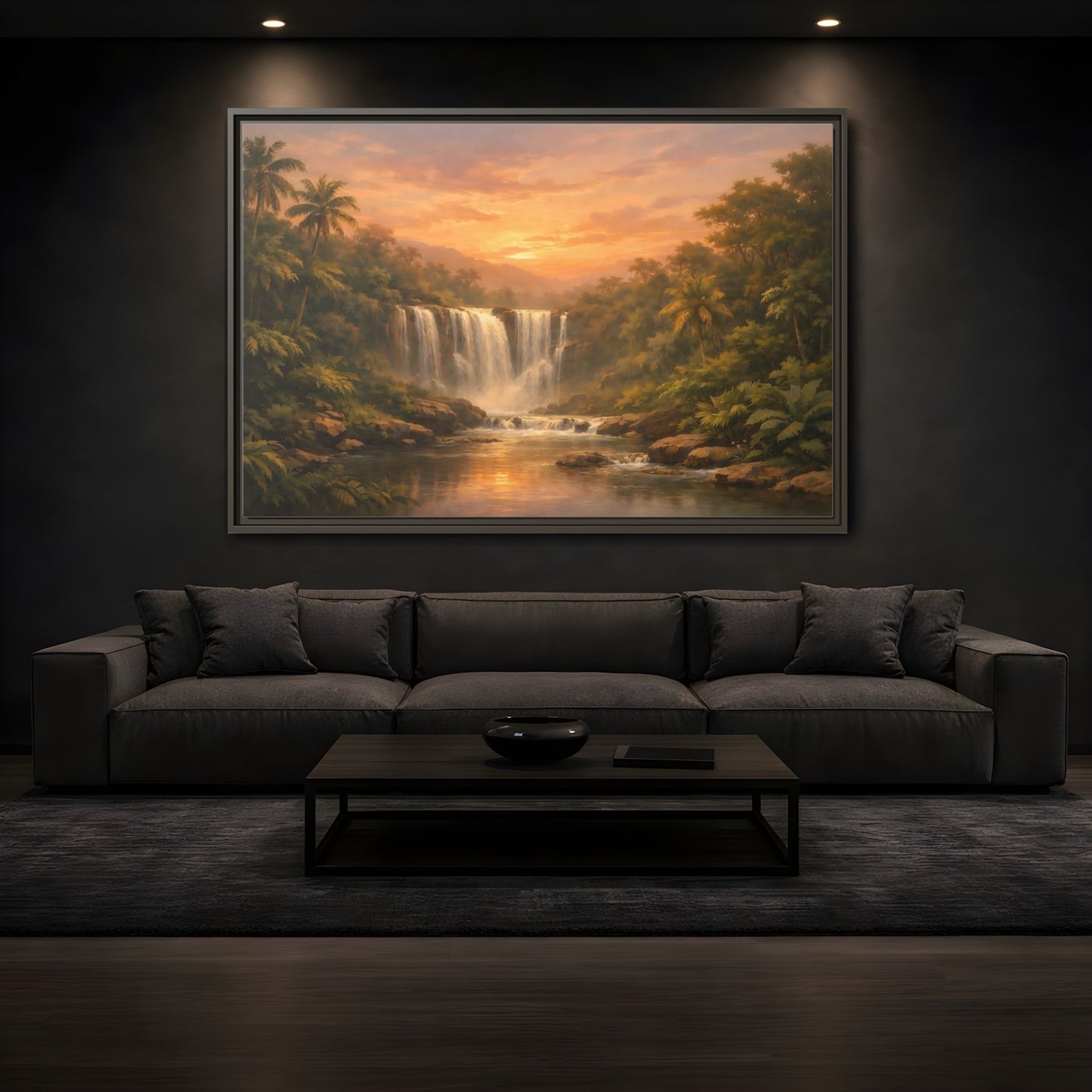 Mockup 3. Nature Waterfall Tropical Waterfall Sunset shown as stretched canvas wall art