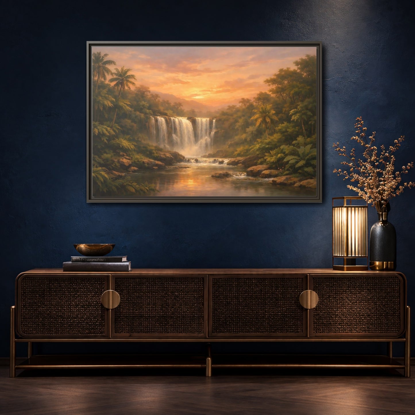 Mockup 4. Nature Waterfall Tropical Waterfall Sunset shown as stretched canvas wall art