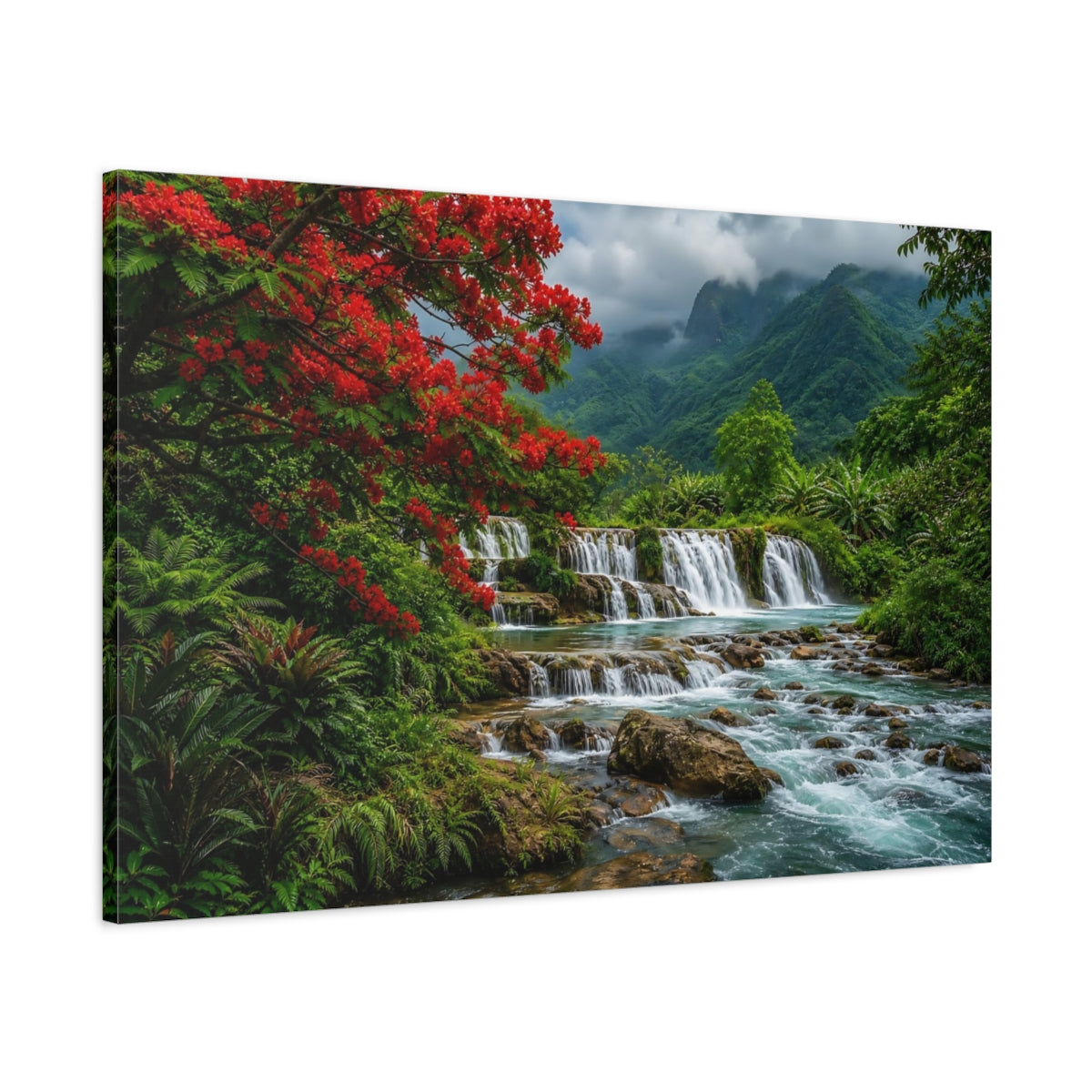 Main Mockup. Nature Waterfall Vibrant Tropical Landscape shown as stretched canvas wall art