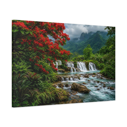 Main Mockup. Nature Waterfall Vibrant Tropical Landscape shown as stretched canvas wall art