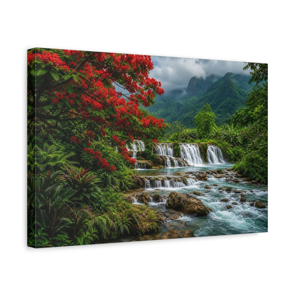 Side Mockup 4. Nature Waterfall Vibrant Tropical Landscape shown as stretched canvas wall art