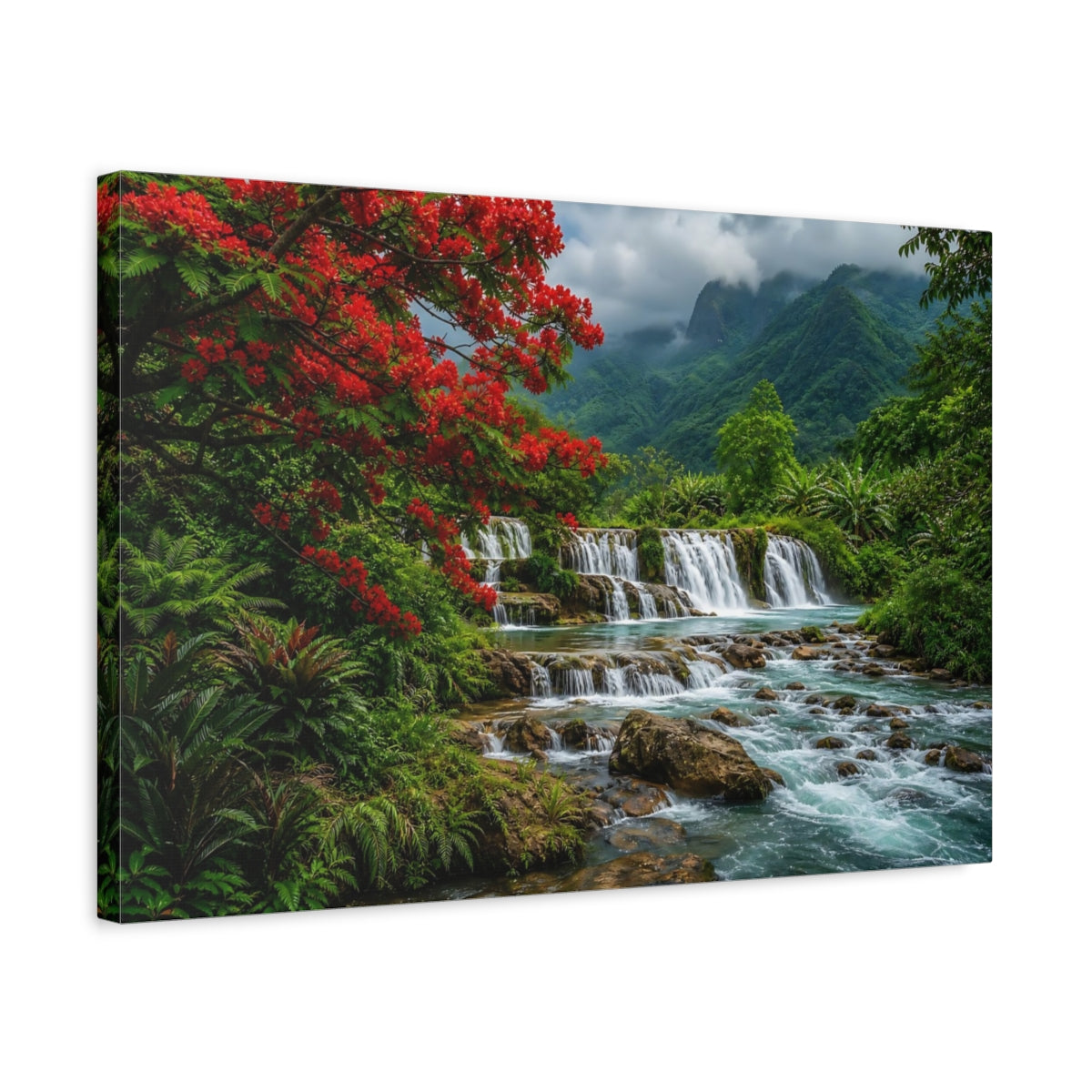 Side Mockup 3. Nature Waterfall Vibrant Tropical Landscape shown as stretched canvas wall art