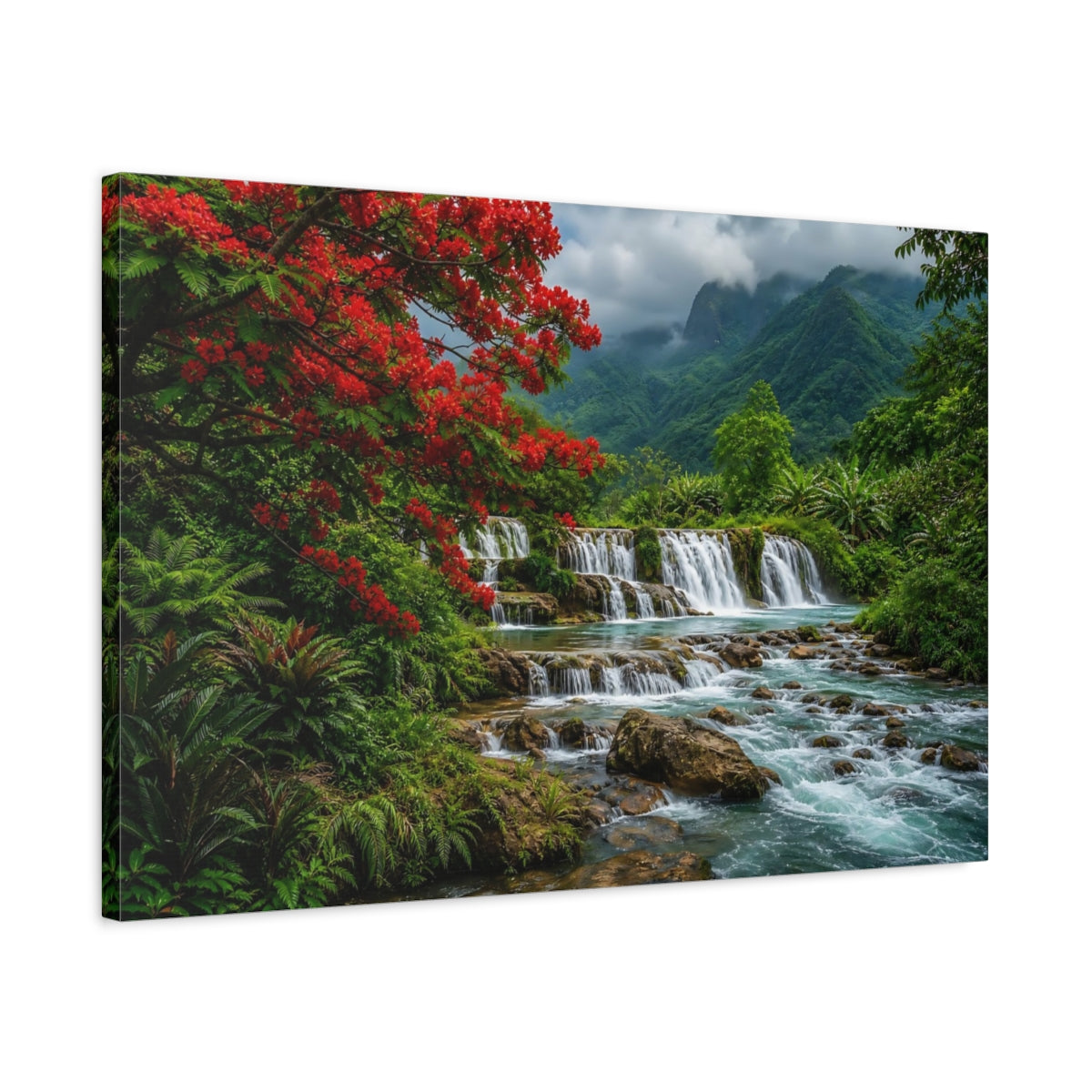 Side Mockup 2. Nature Waterfall Vibrant Tropical Landscape shown as stretched canvas wall art