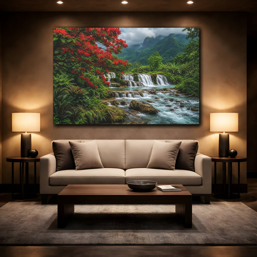Mockup 2. Nature Waterfall Vibrant Tropical Landscape shown as stretched canvas wall art