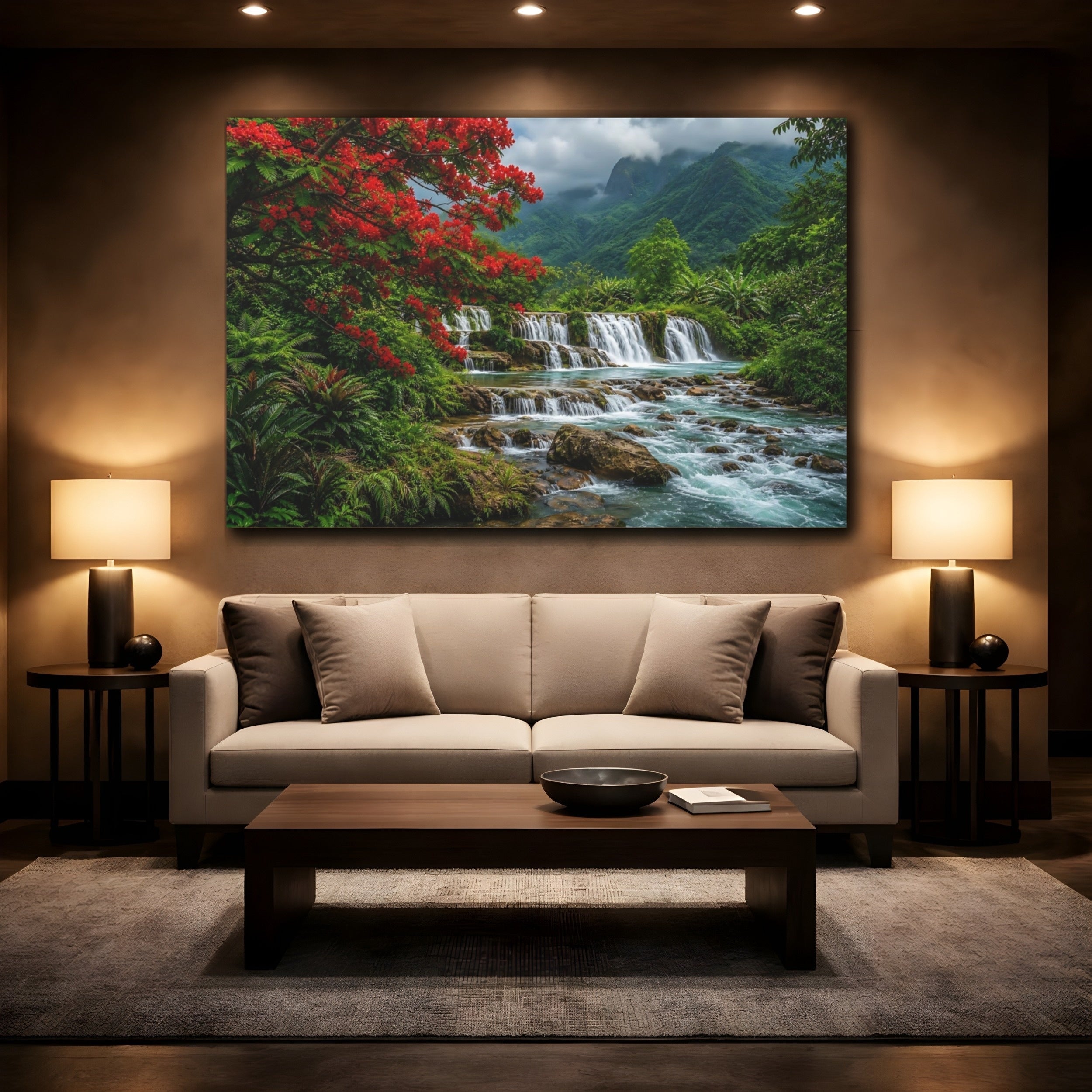 Mockup 2. Nature Waterfall Vibrant Tropical Landscape shown as stretched canvas wall art