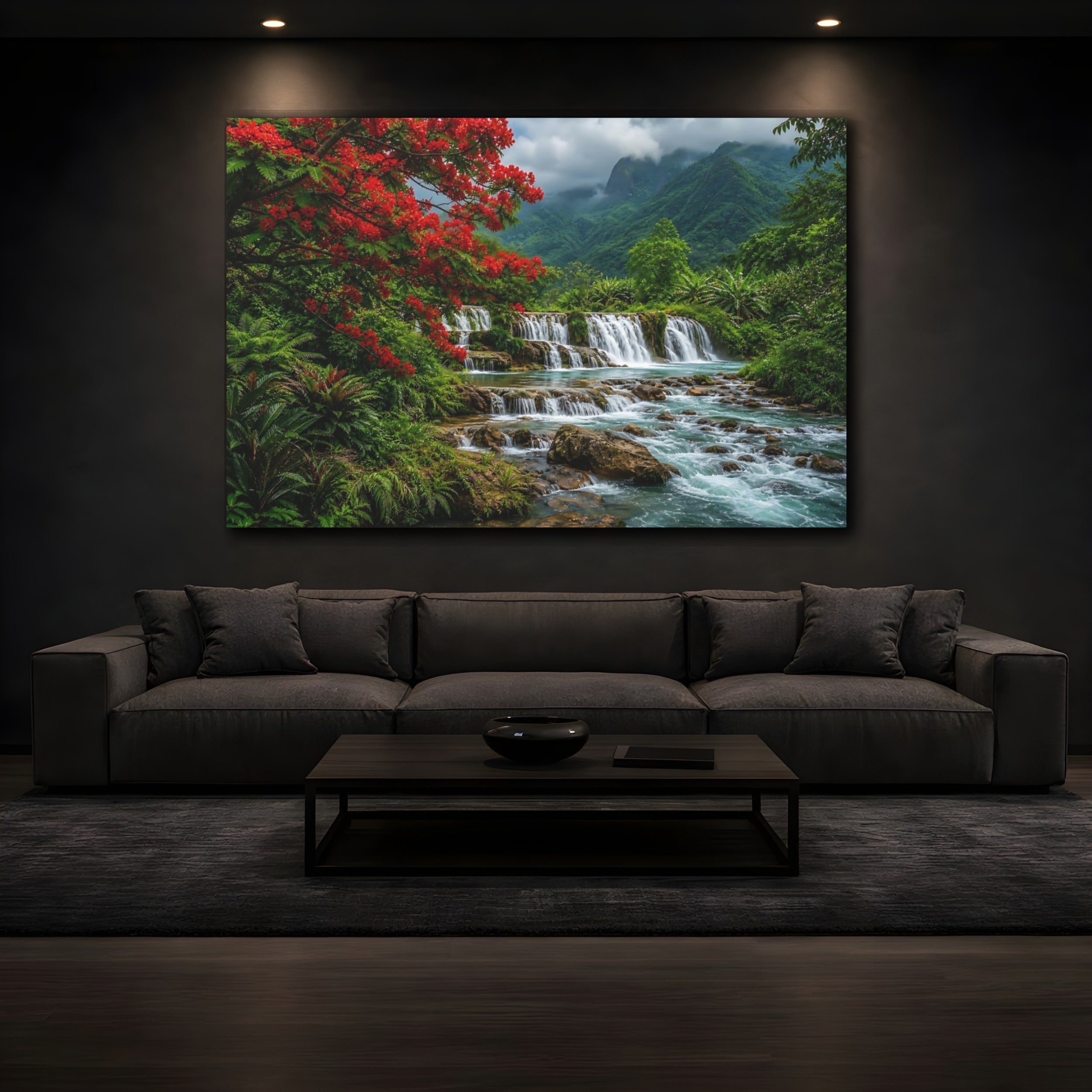 Mockup 3. Nature Waterfall Vibrant Tropical Landscape shown as stretched canvas wall art